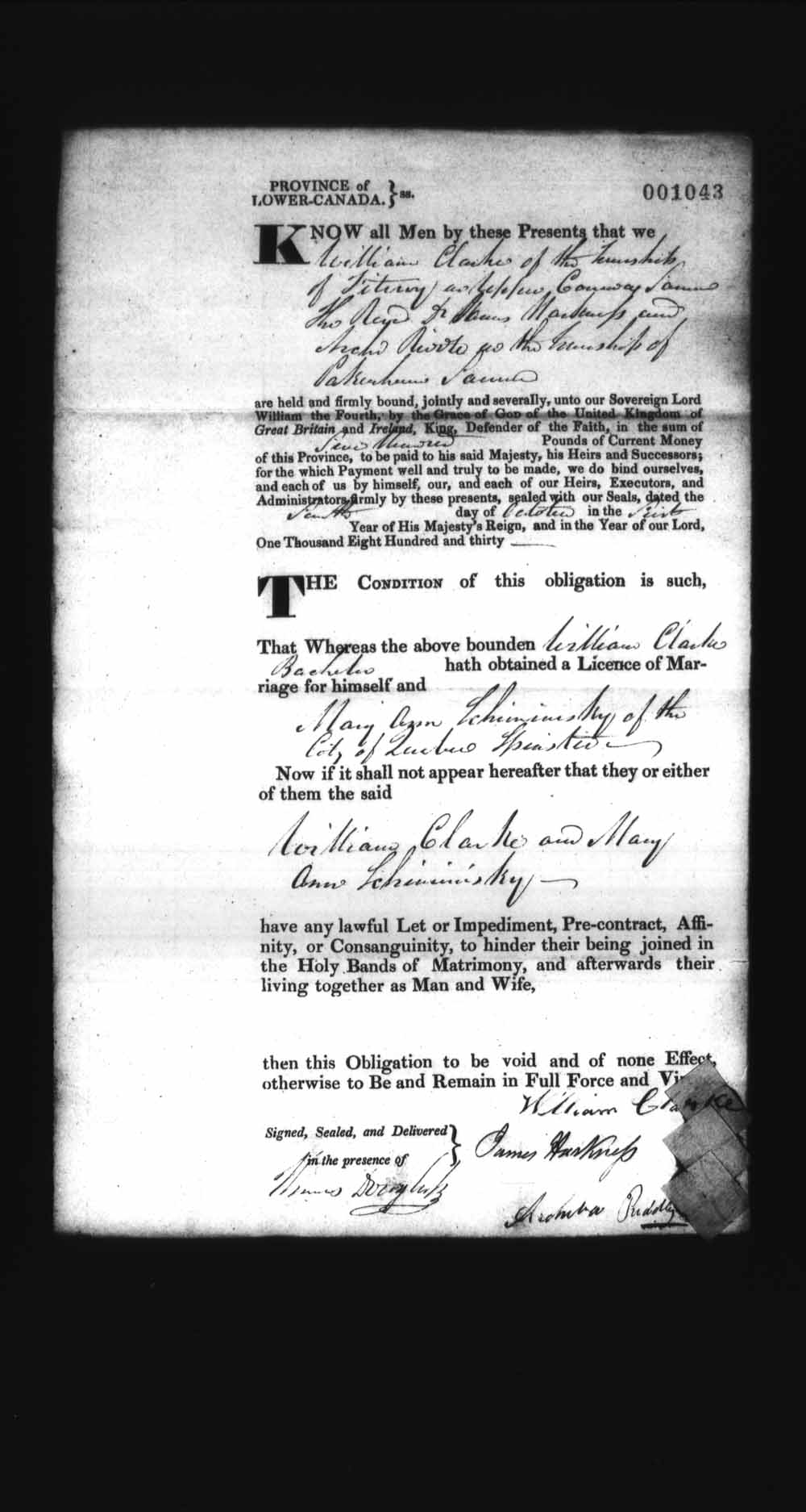 Digitized page of Upper and Lower Canada Marriage Bonds (1779-1865) for Image No.: e008237166