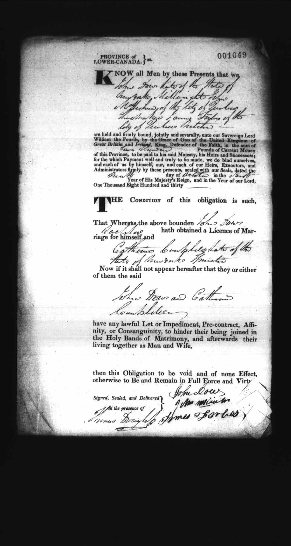 Digitized page of Upper and Lower Canada Marriage Bonds (1779-1865) for Image No.: e008237173