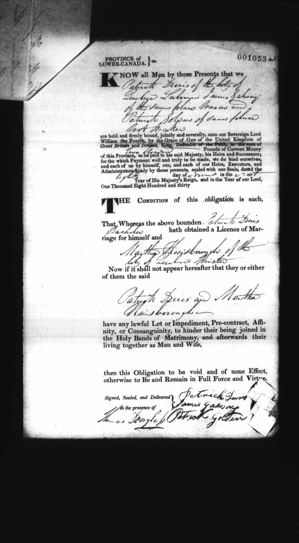 Digitized page of Upper and Lower Canada Marriage Bonds (1779-1865) for Image No.: e008237178