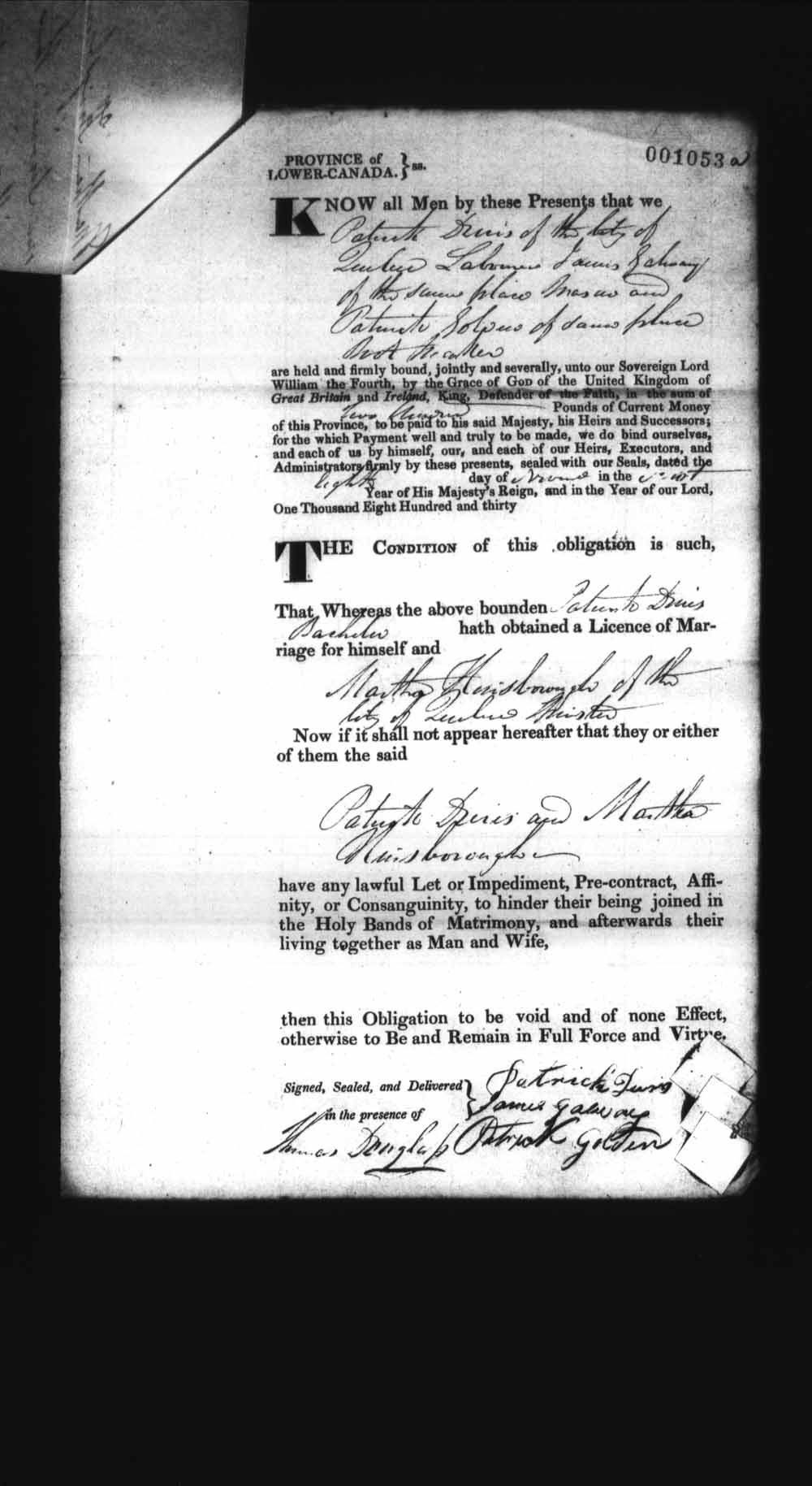 Digitized page of Upper and Lower Canada Marriage Bonds (1779-1865) for Image No.: e008237179
