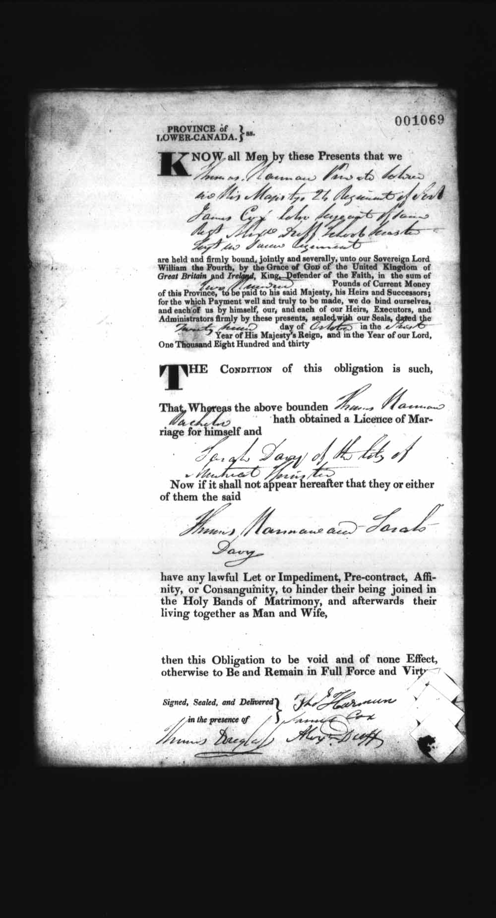 Digitized page of Upper and Lower Canada Marriage Bonds (1779-1865) for Image No.: e008237198