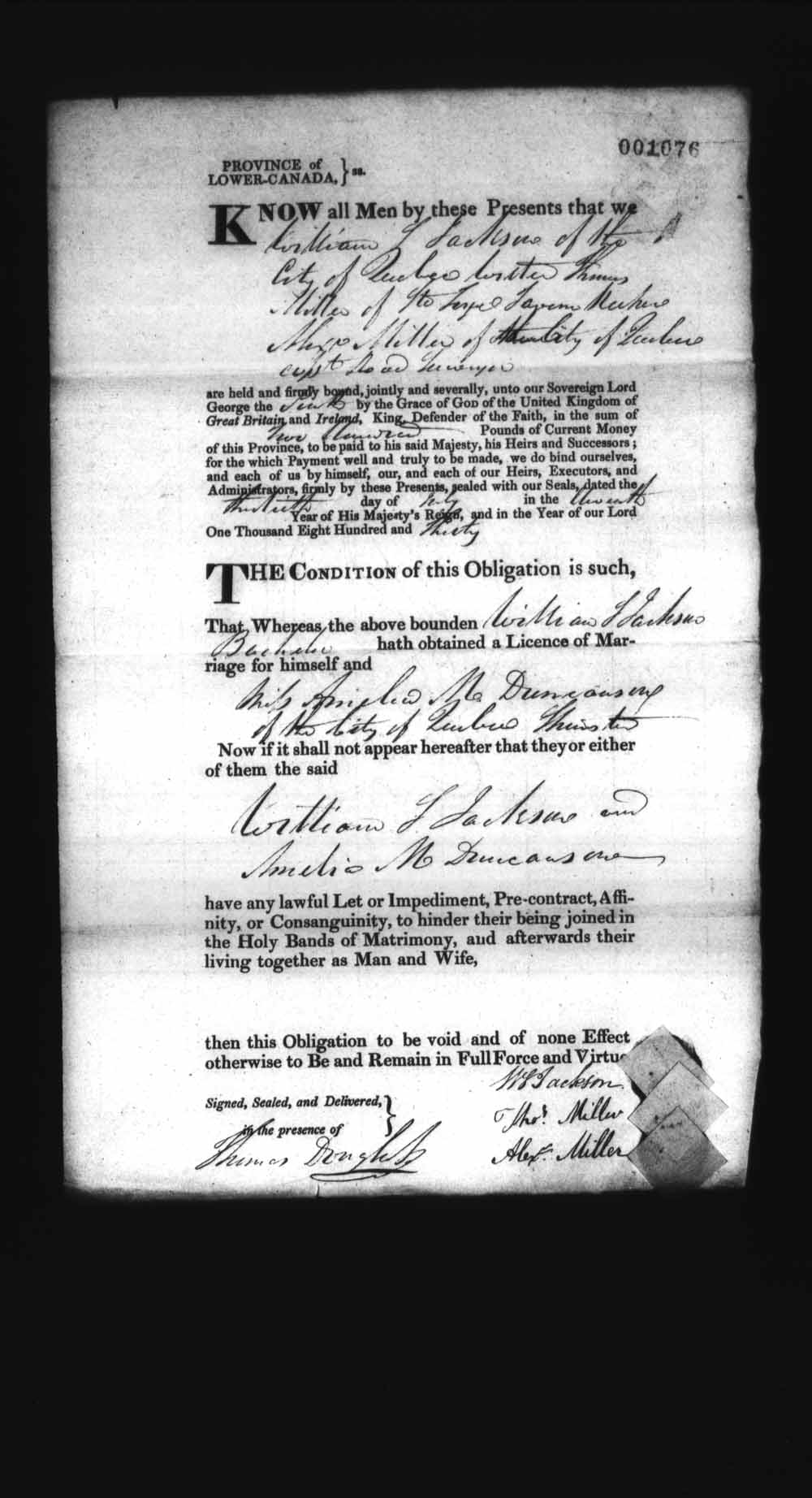 Digitized page of Upper and Lower Canada Marriage Bonds (1779-1865) for Image No.: e008237209