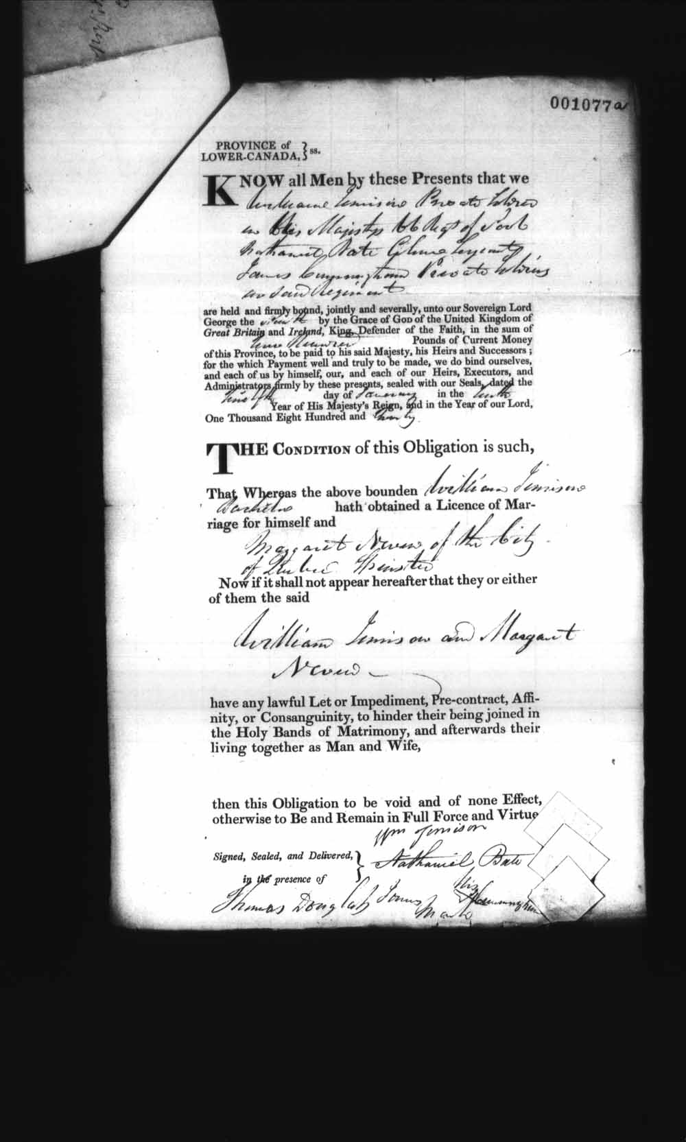 Digitized page of Upper and Lower Canada Marriage Bonds (1779-1865) for Image No.: e008237211