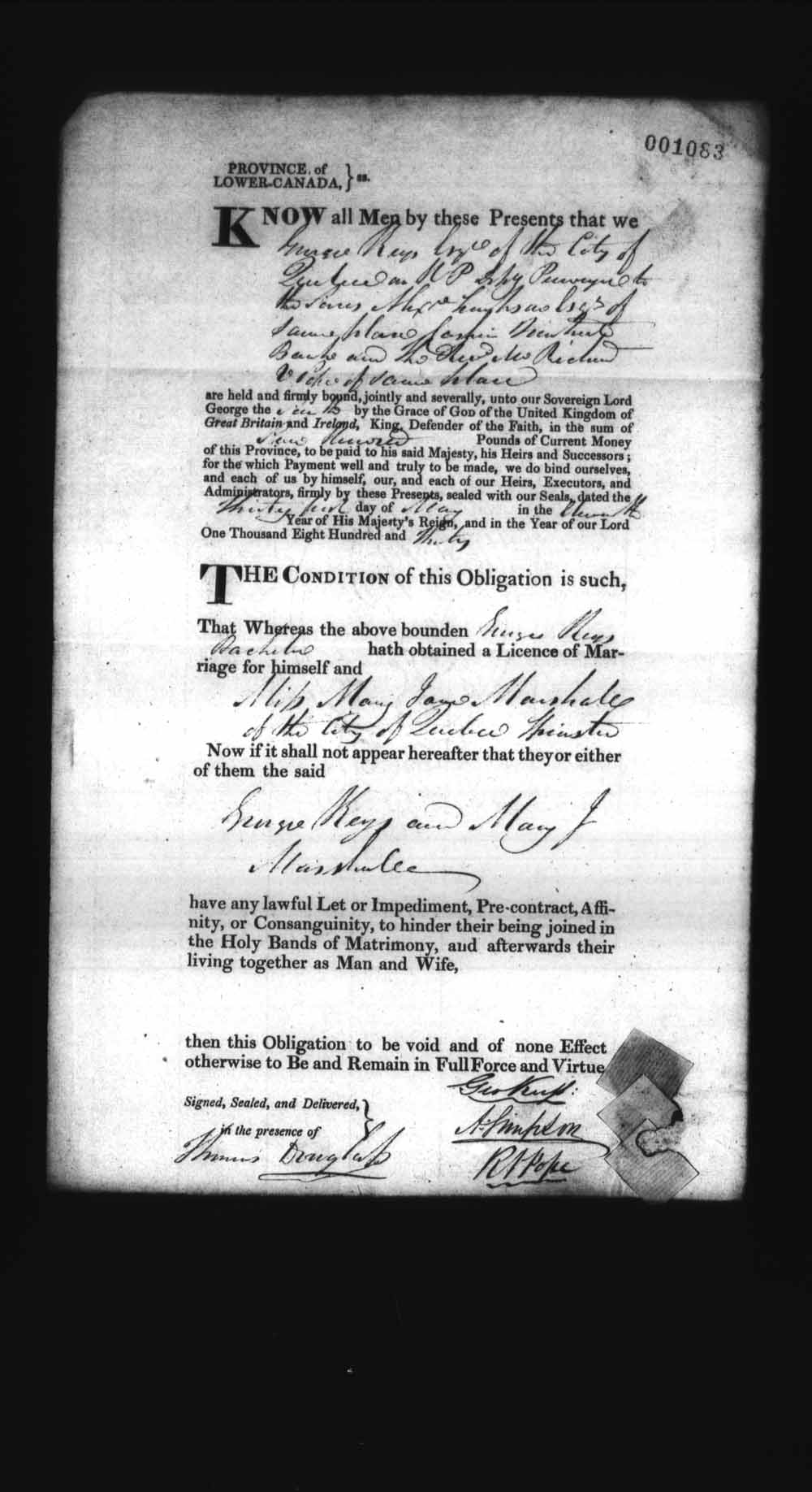 Digitized page of Upper and Lower Canada Marriage Bonds (1779-1865) for Image No.: e008237218