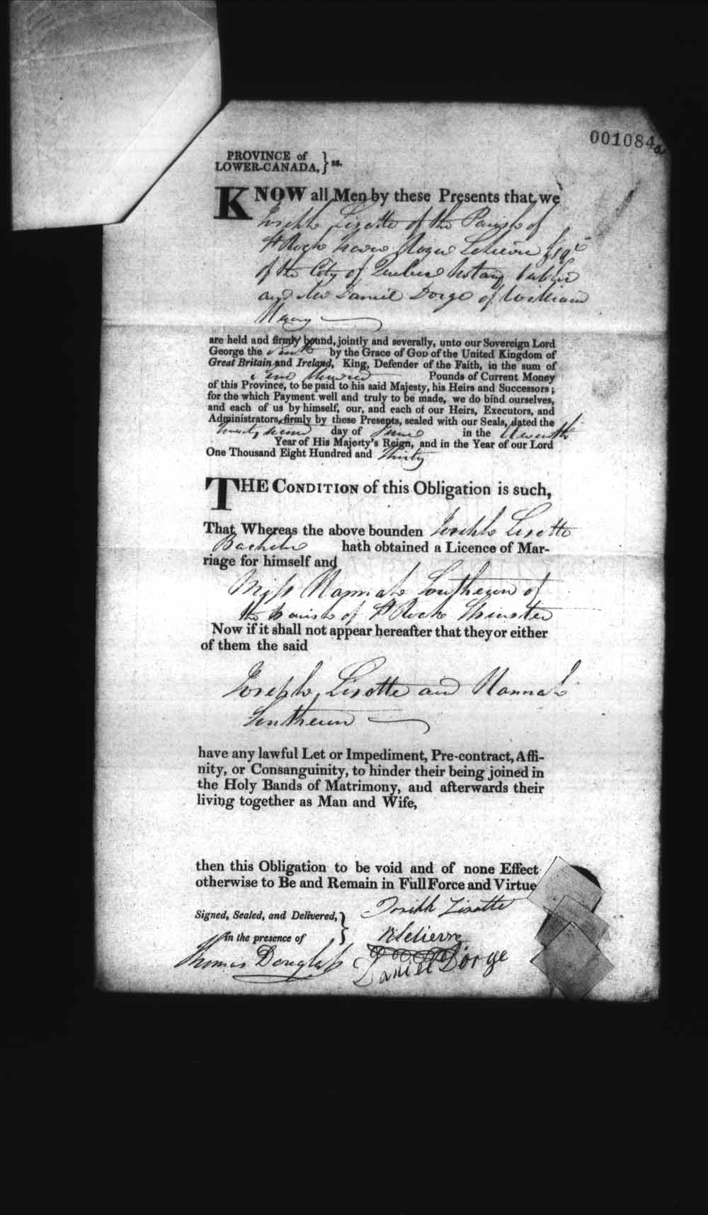 Digitized page of Upper and Lower Canada Marriage Bonds (1779-1865) for Image No.: e008237220