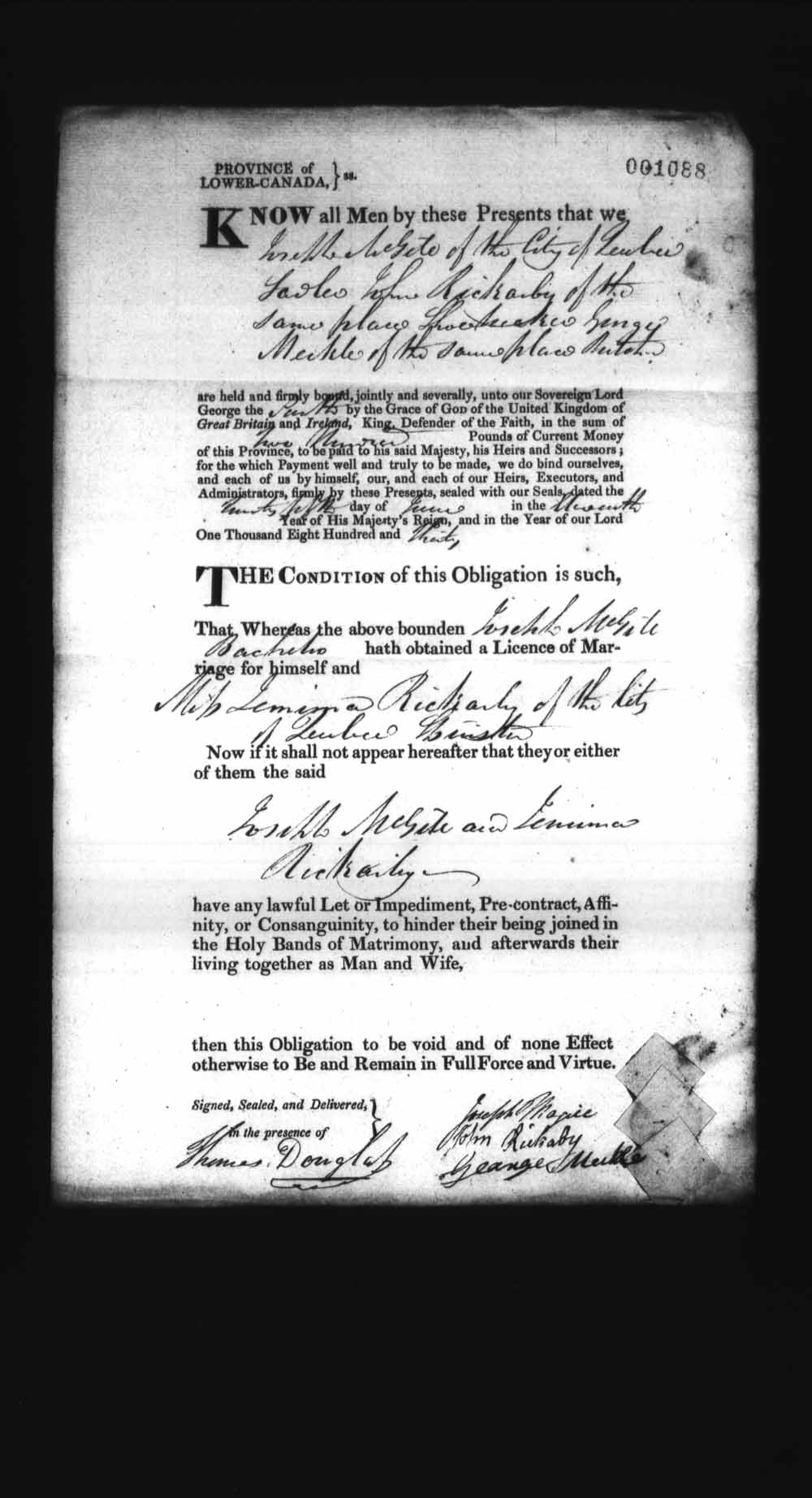 Page numérisé de Cautionnements de mariages pour le Haut-Canada et le Bas-Canada (1779-1865) pour l'image numéro: e008237225