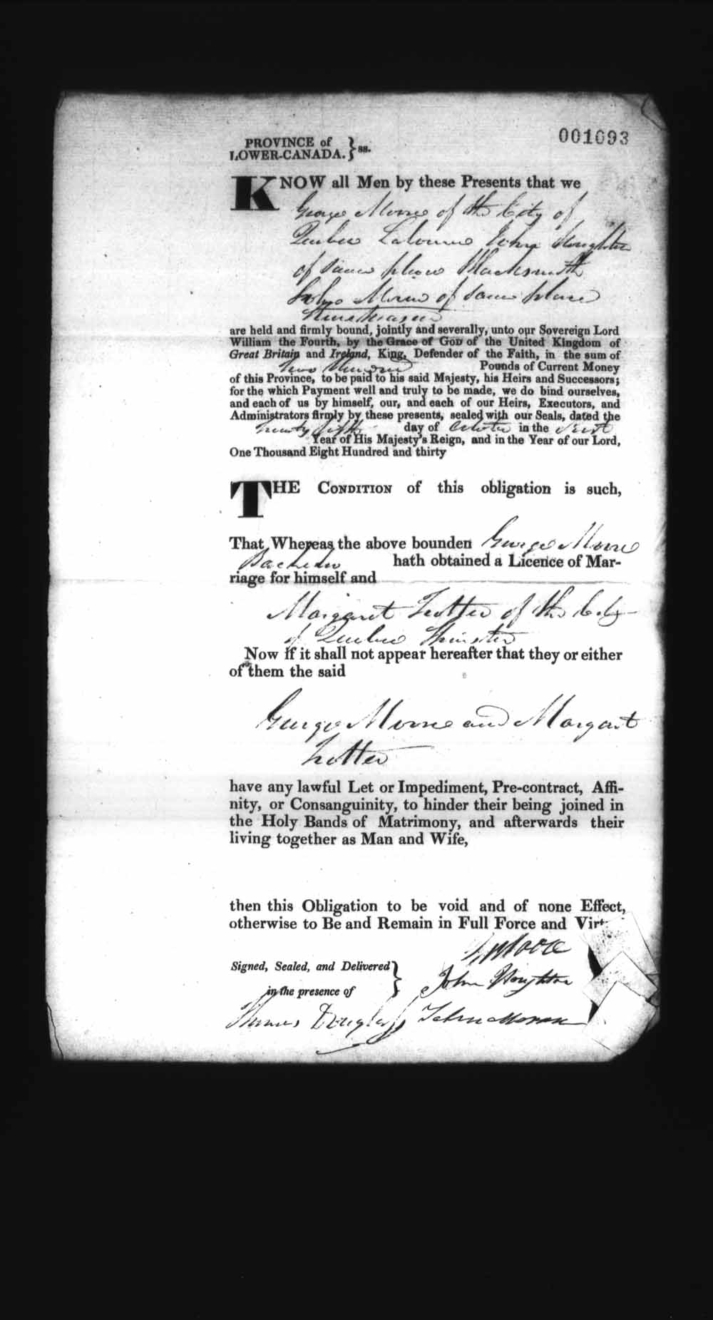Digitized page of Upper and Lower Canada Marriage Bonds (1779-1865) for Image No.: e008237231
