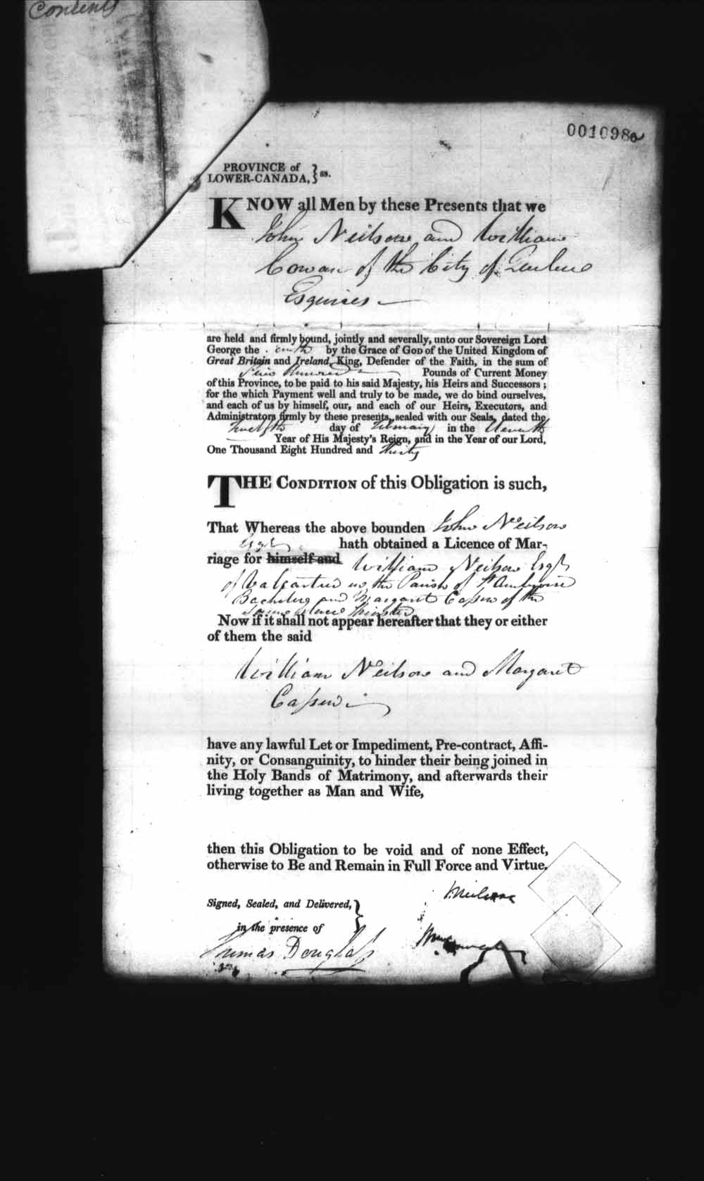 Digitized page of Upper and Lower Canada Marriage Bonds (1779-1865) for Image No.: e008237239