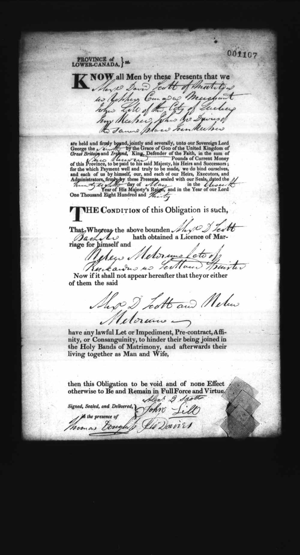 Digitized page of Upper and Lower Canada Marriage Bonds (1779-1865) for Image No.: e008237248