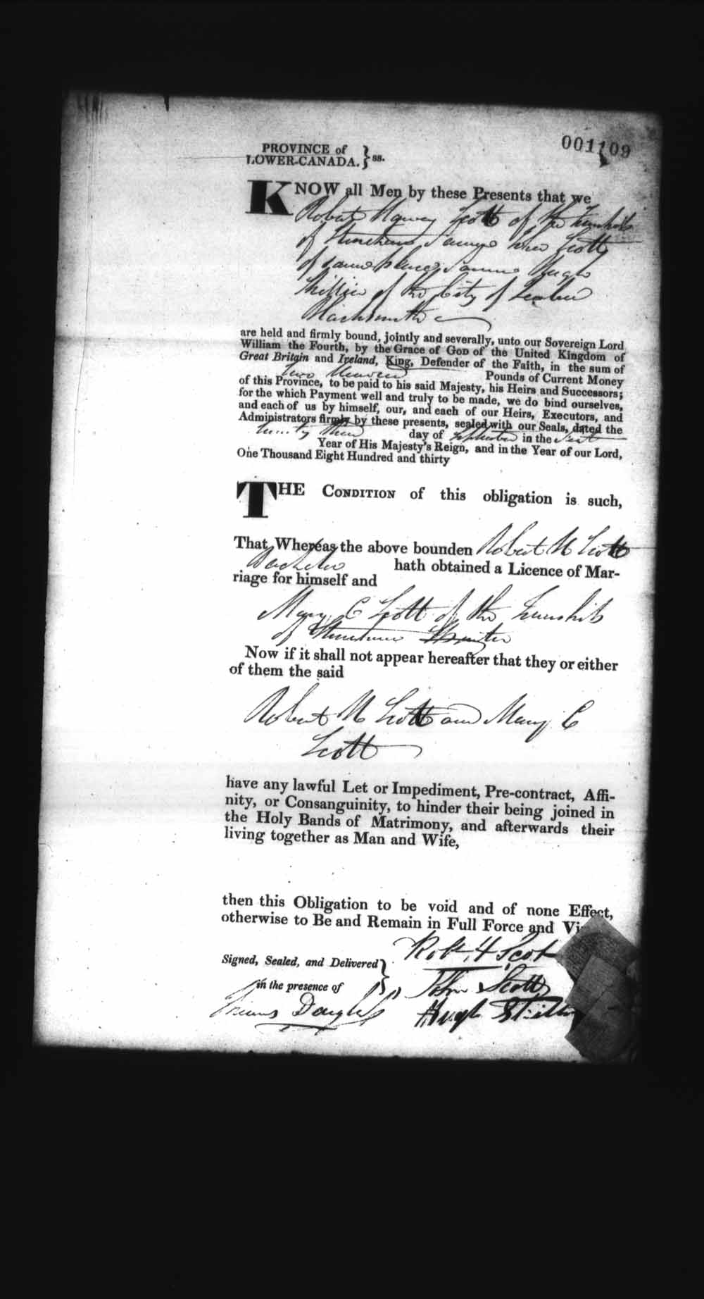 Digitized page of Upper and Lower Canada Marriage Bonds (1779-1865) for Image No.: e008237250
