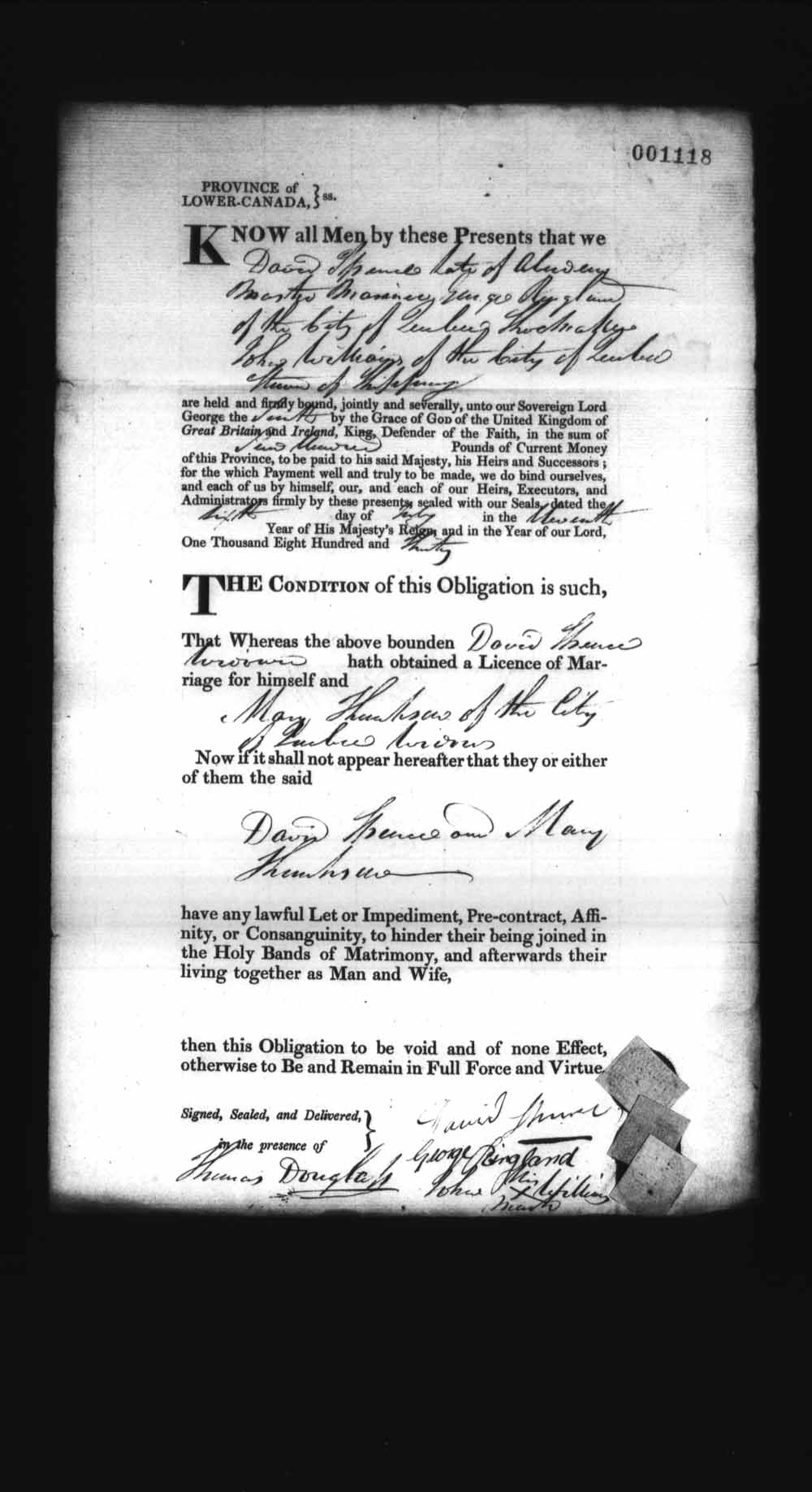 Digitized page of Upper and Lower Canada Marriage Bonds (1779-1865) for Image No.: e008237259