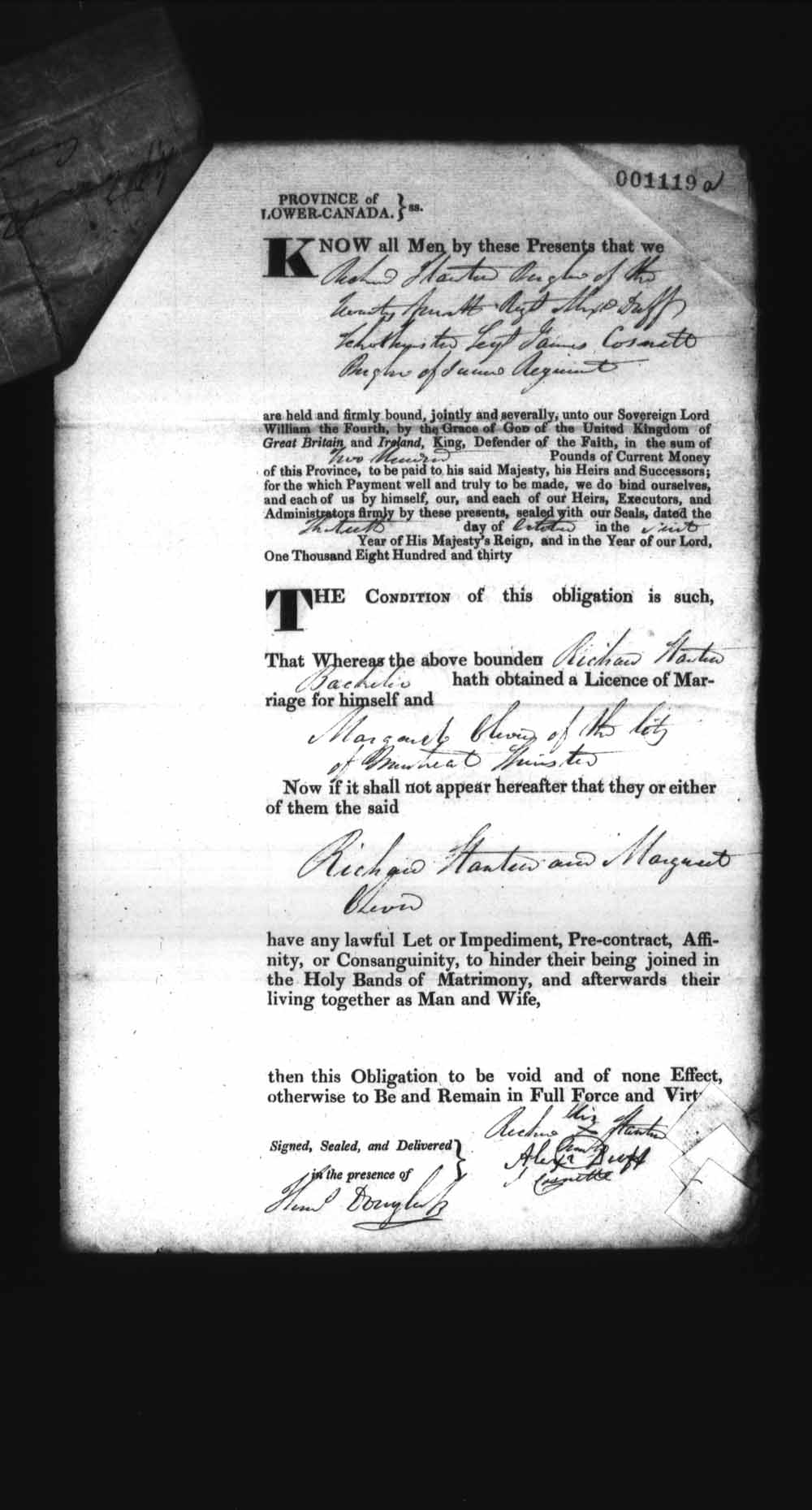 Digitized page of Upper and Lower Canada Marriage Bonds (1779-1865) for Image No.: e008237261