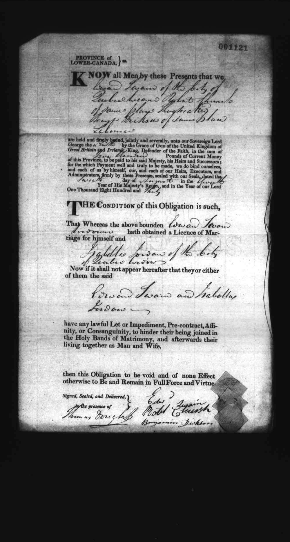 Digitized page of Upper and Lower Canada Marriage Bonds (1779-1865) for Image No.: e008237263