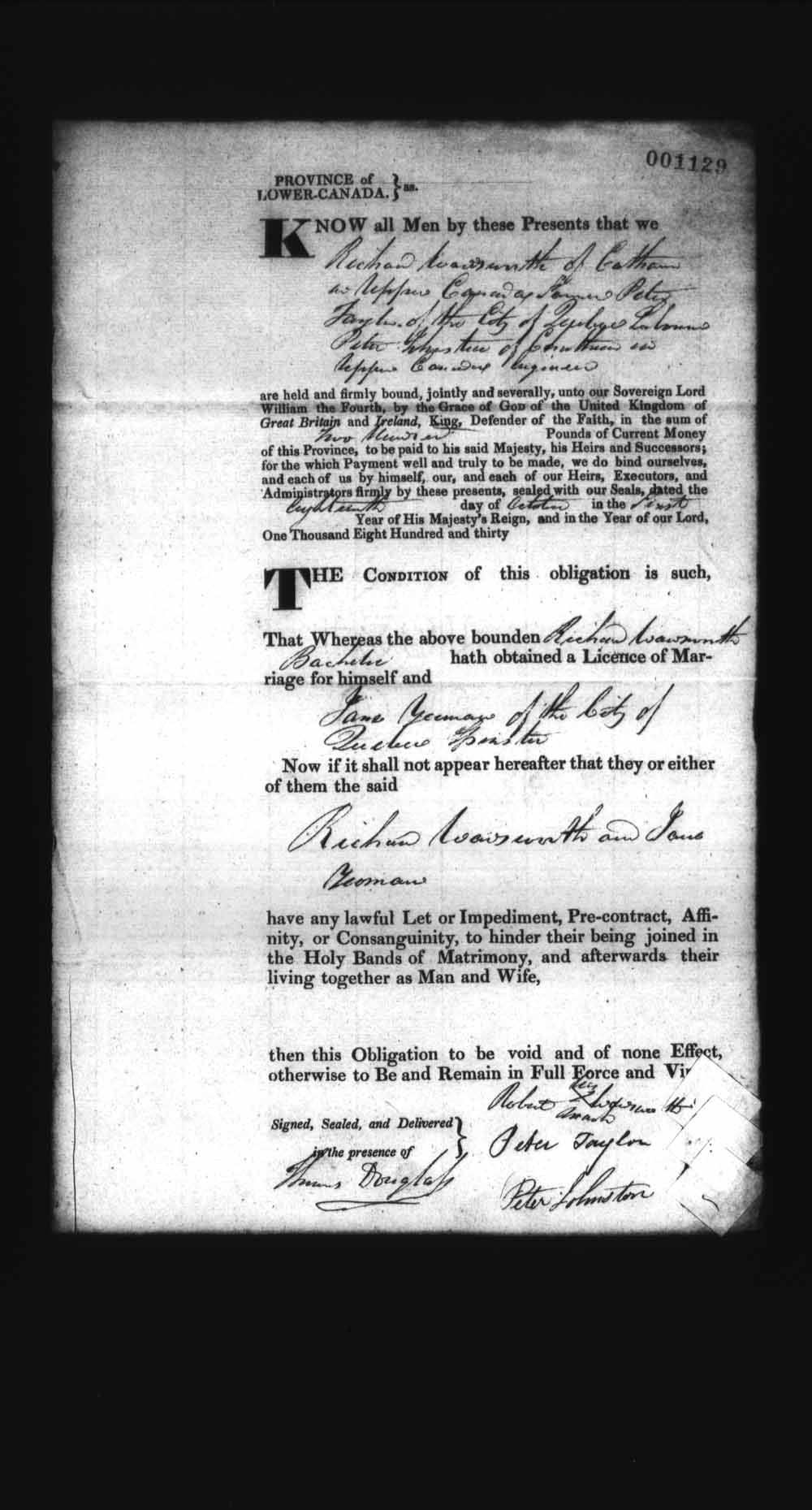 Digitized page of Upper and Lower Canada Marriage Bonds (1779-1865) for Image No.: e008237271