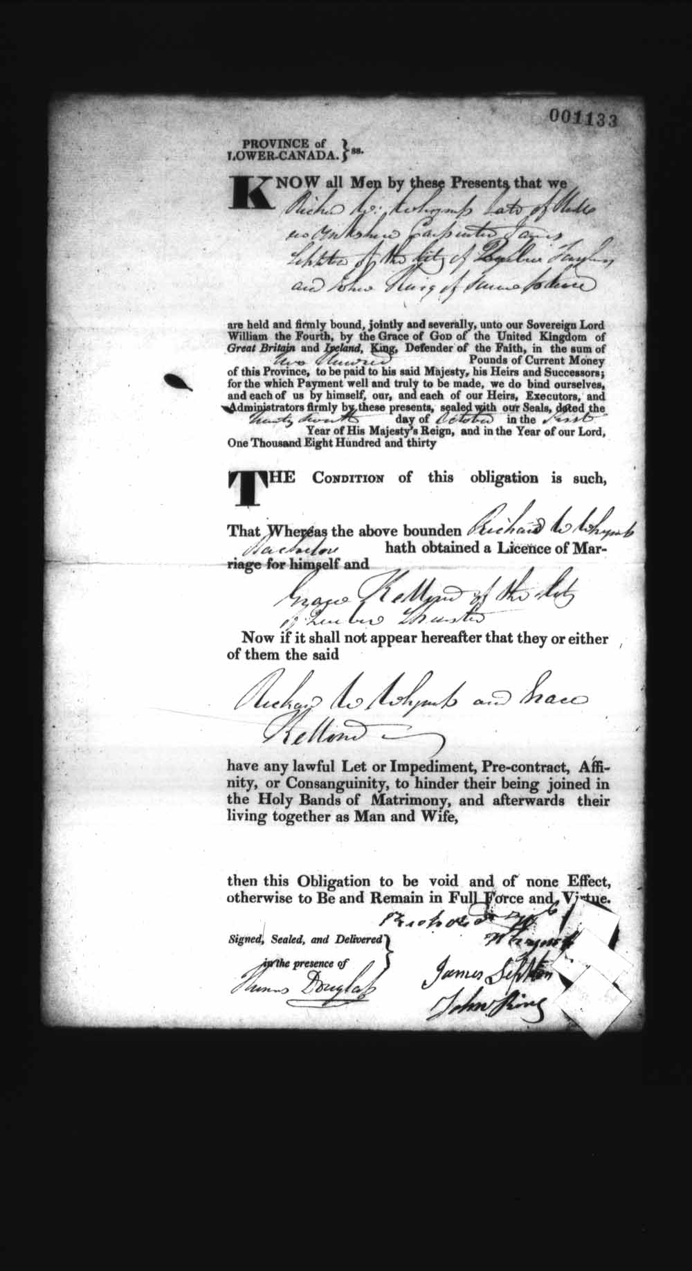 Digitized page of Upper and Lower Canada Marriage Bonds (1779-1865) for Image No.: e008237275