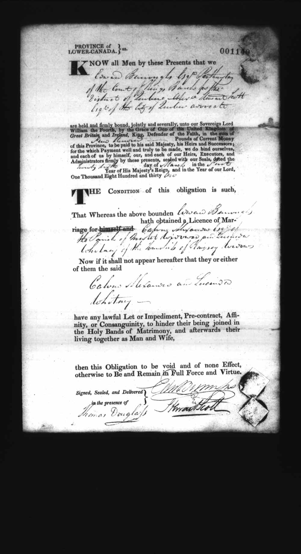 Page numérisé de Cautionnements de mariages pour le Haut-Canada et le Bas-Canada (1779-1865) pour l'image numéro: e008237287