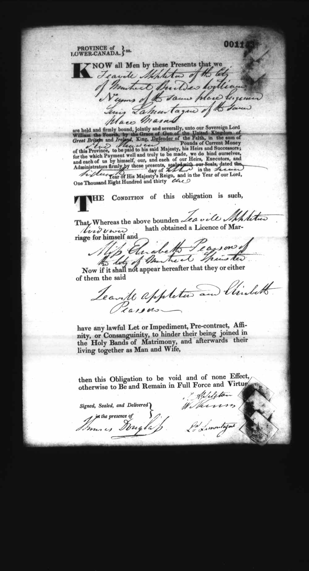 Digitized page of Upper and Lower Canada Marriage Bonds (1779-1865) for Image No.: e008237290