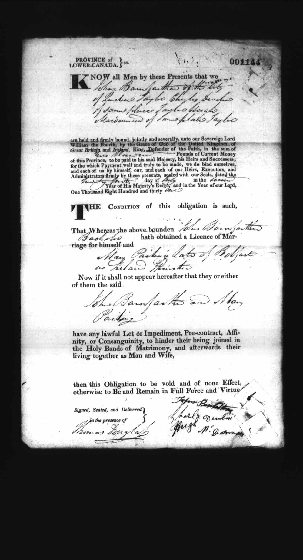 Digitized page of Upper and Lower Canada Marriage Bonds (1779-1865) for Image No.: e008237291
