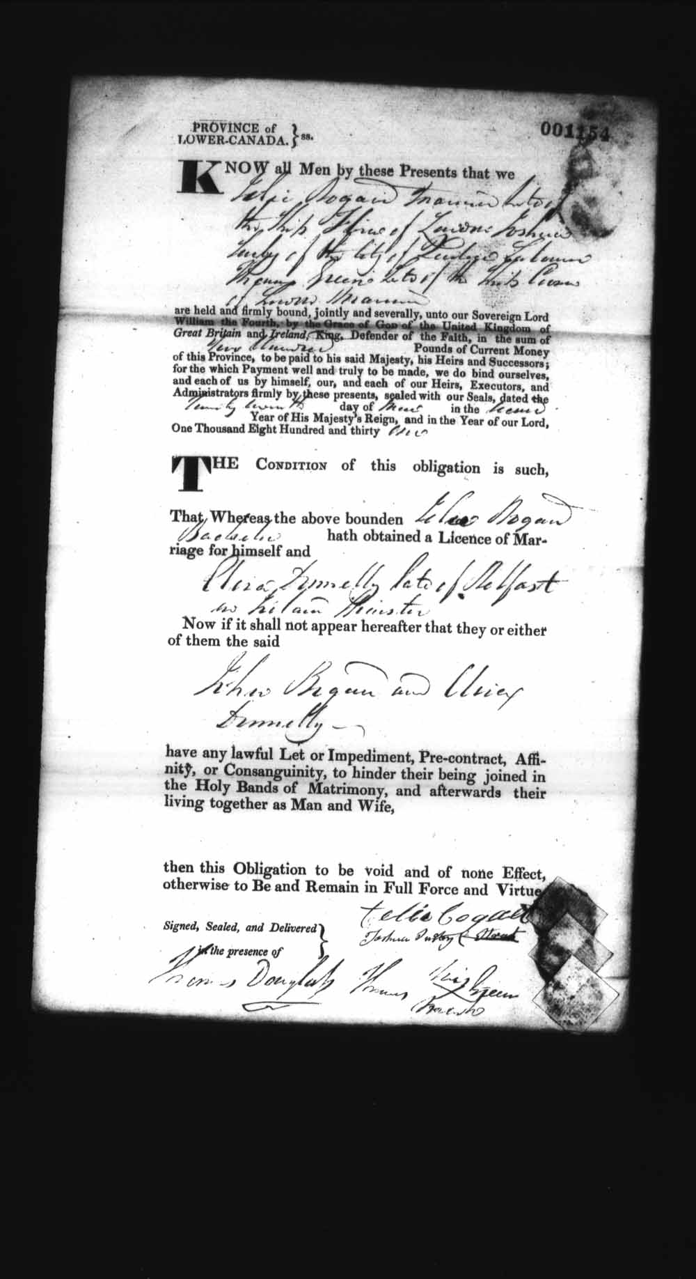 Page numérisé de Cautionnements de mariages pour le Haut-Canada et le Bas-Canada (1779-1865) pour l'image numéro: e008237305