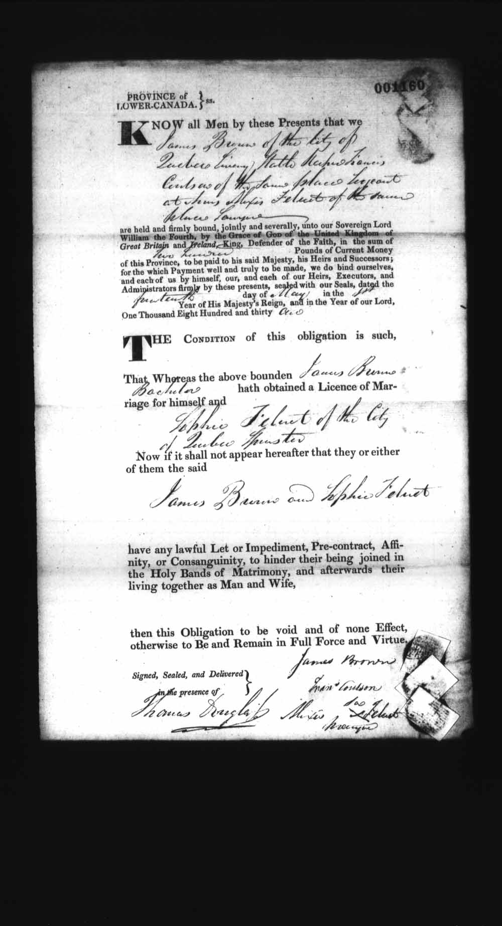 Digitized page of Upper and Lower Canada Marriage Bonds (1779-1865) for Image No.: e008237312
