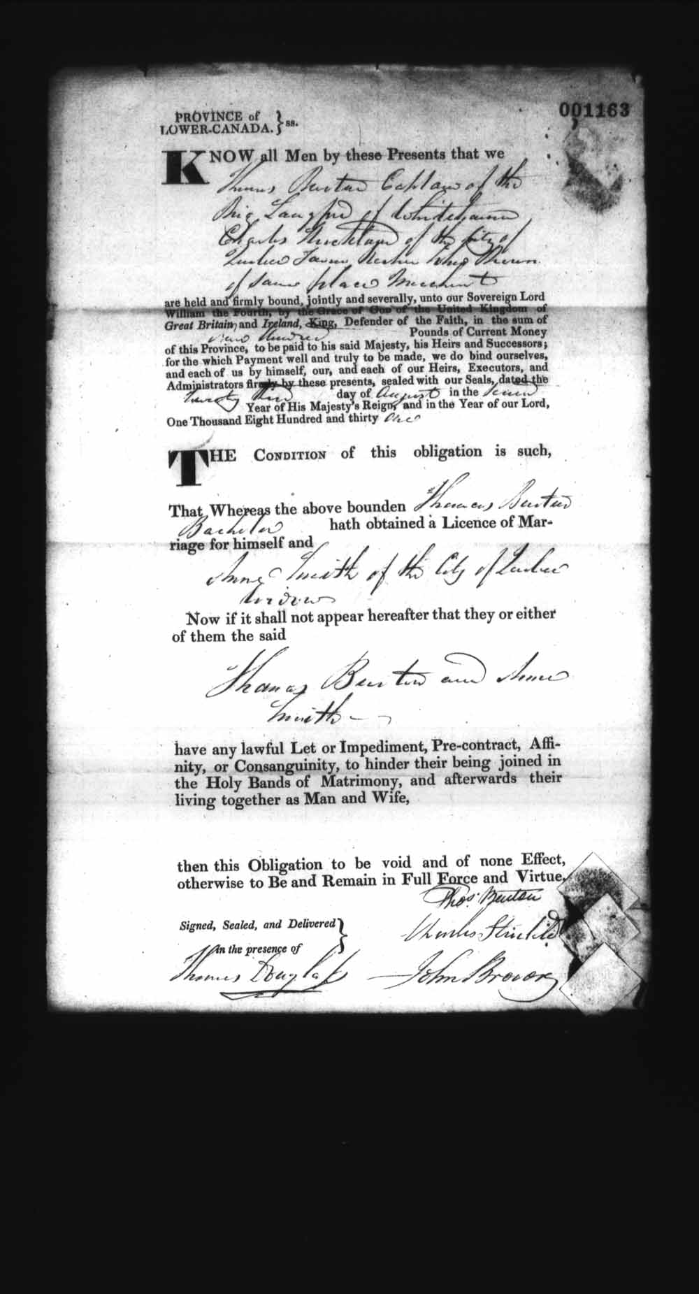 Digitized page of Upper and Lower Canada Marriage Bonds (1779-1865) for Image No.: e008237317