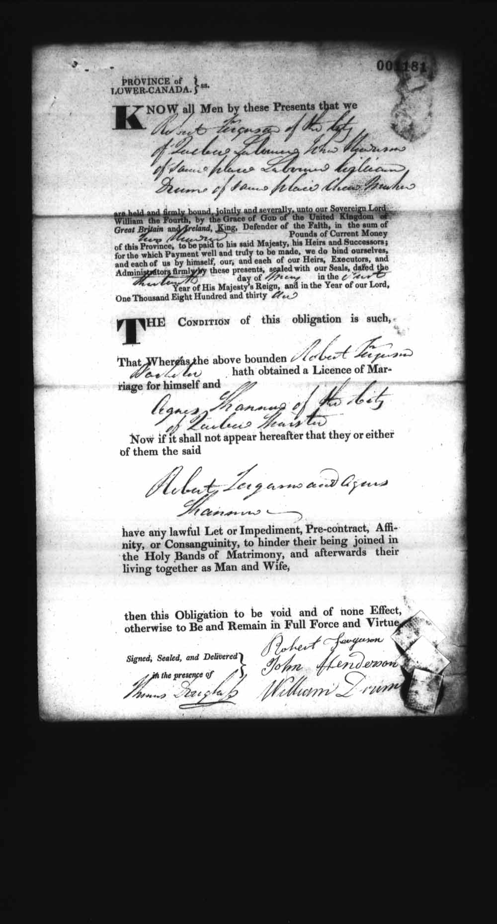 Digitized page of Upper and Lower Canada Marriage Bonds (1779-1865) for Image No.: e008237342