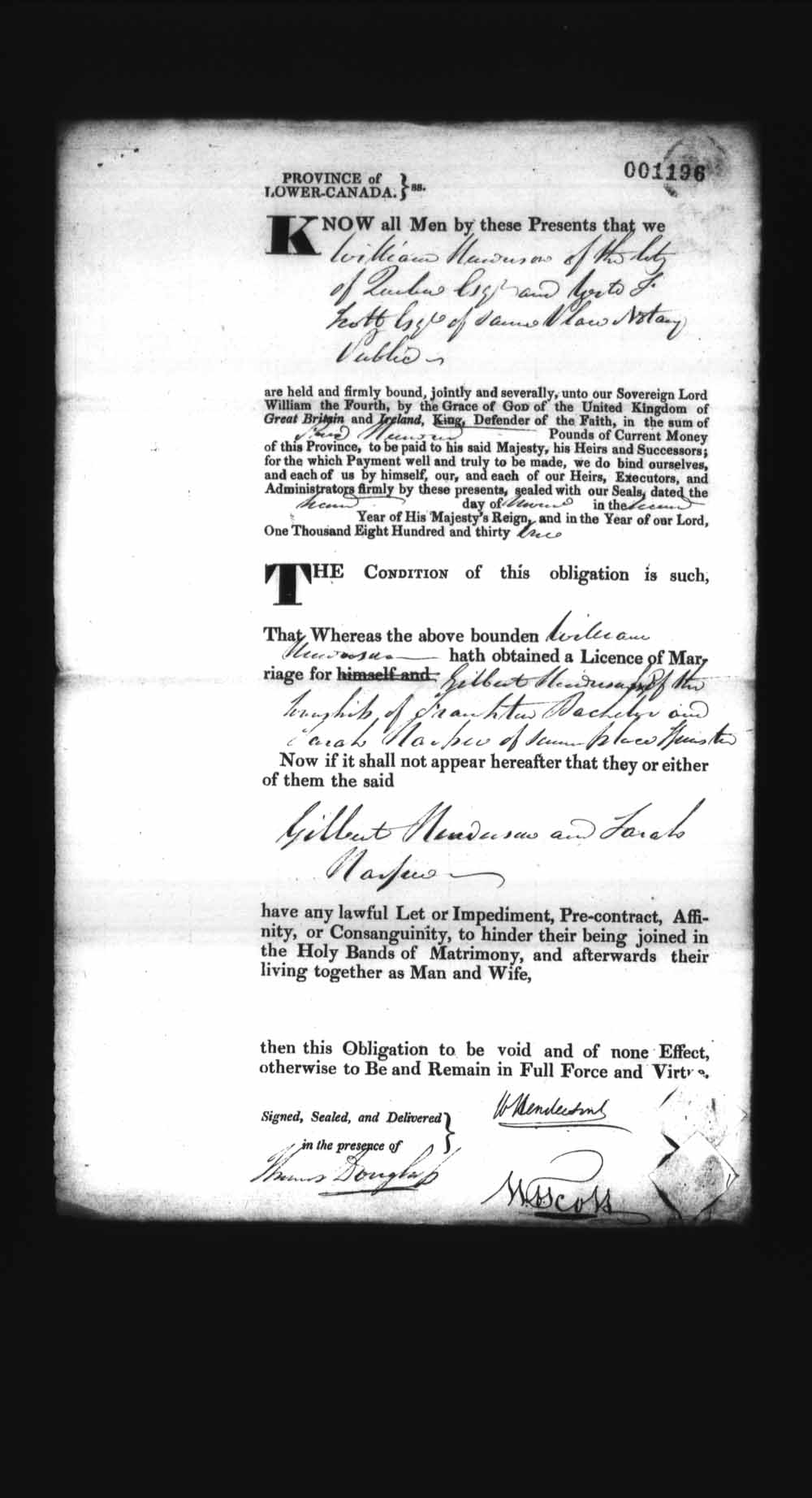 Digitized page of Upper and Lower Canada Marriage Bonds (1779-1865) for Image No.: e008237360