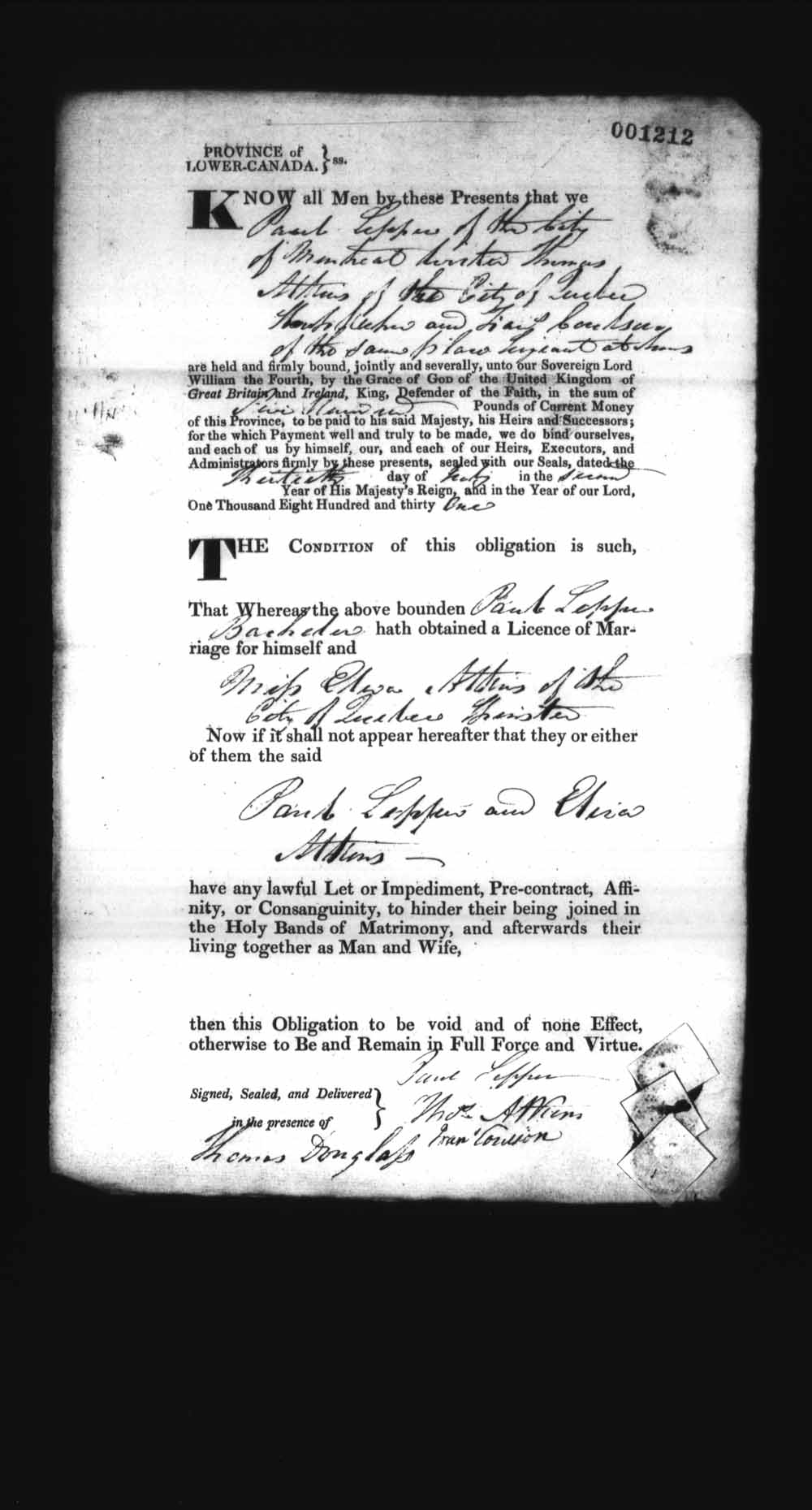 Digitized page of Upper and Lower Canada Marriage Bonds (1779-1865) for Image No.: e008237378