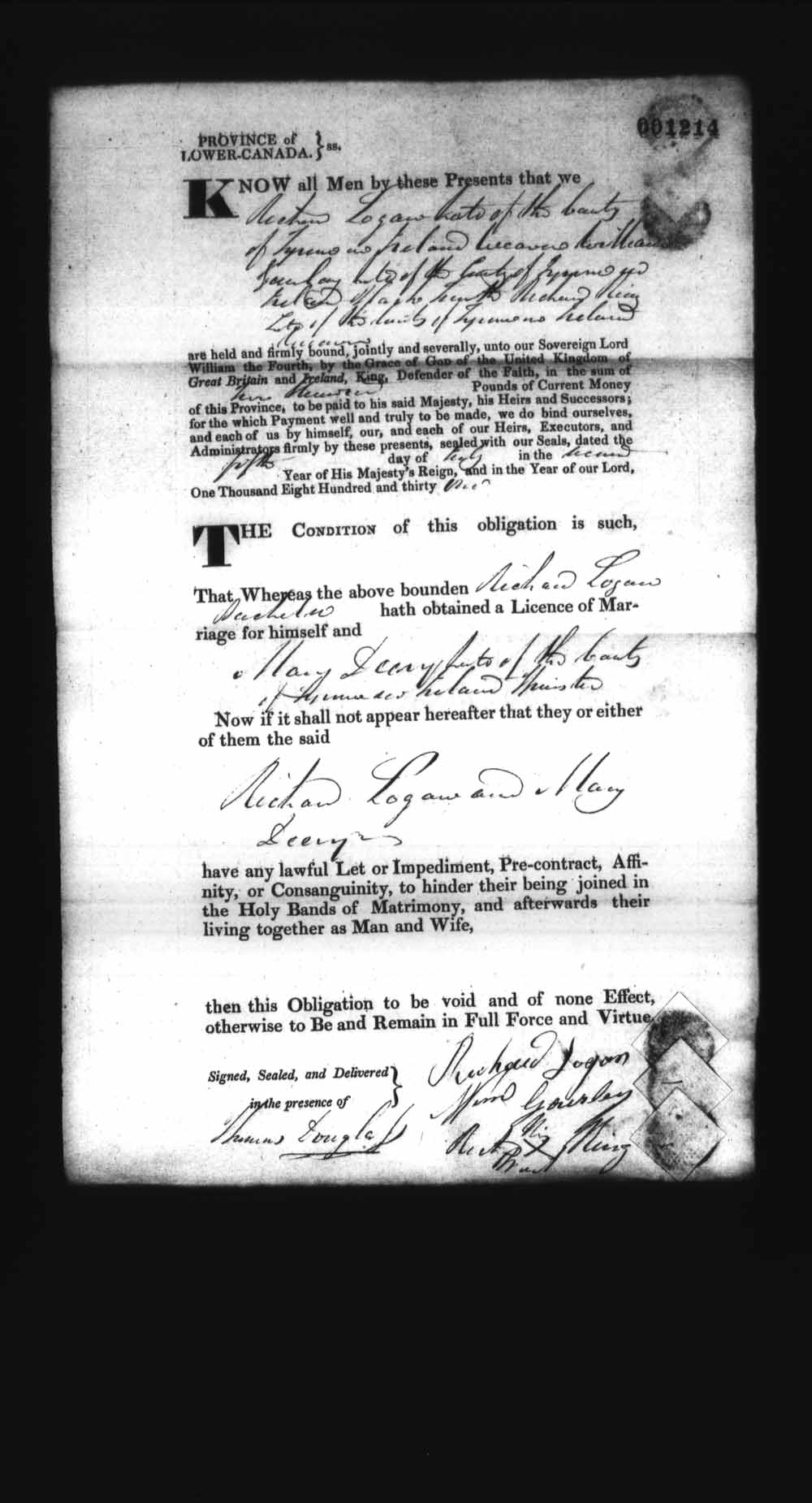 Digitized page of Upper and Lower Canada Marriage Bonds (1779-1865) for Image No.: e008237380