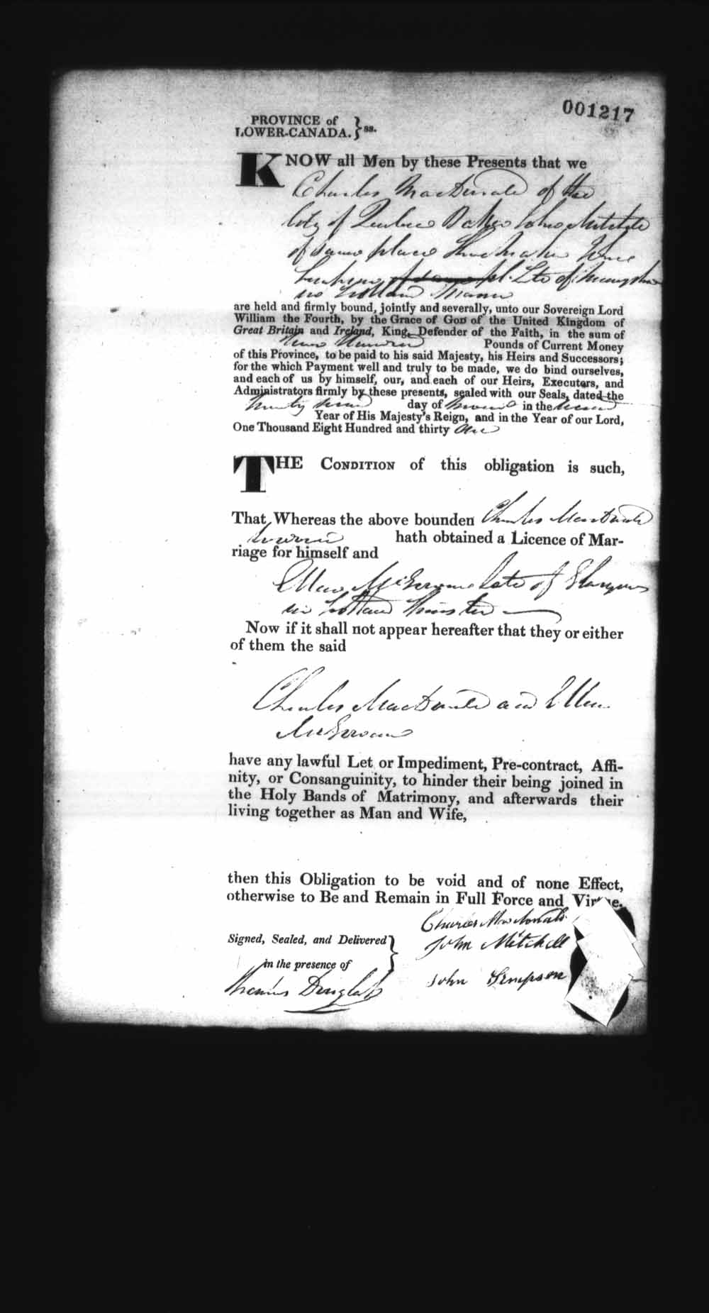 Digitized page of Upper and Lower Canada Marriage Bonds (1779-1865) for Image No.: e008237383