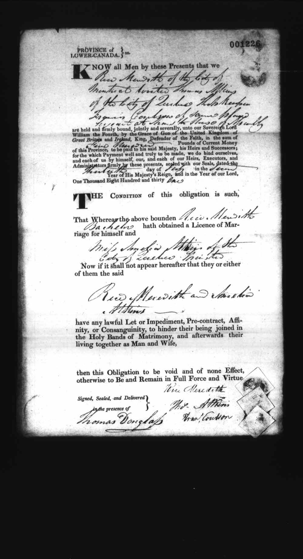 Digitized page of Upper and Lower Canada Marriage Bonds (1779-1865) for Image No.: e008237393