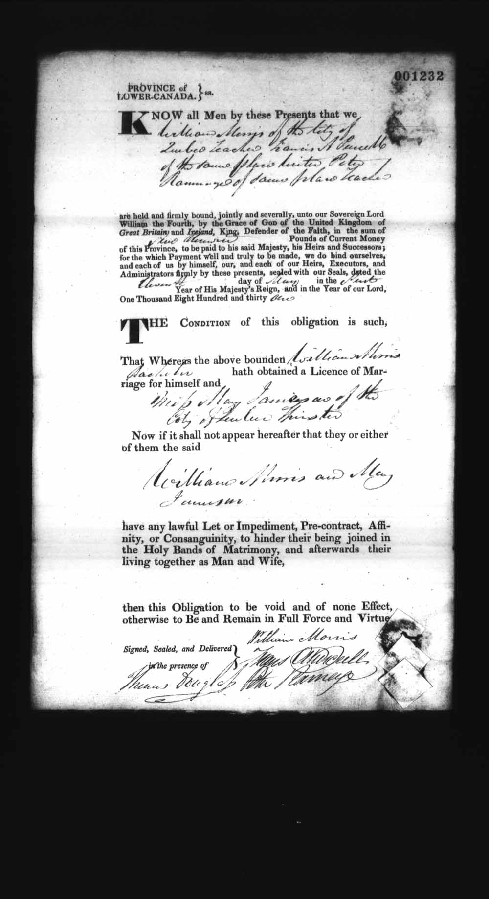 Digitized page of Upper and Lower Canada Marriage Bonds (1779-1865) for Image No.: e008237399