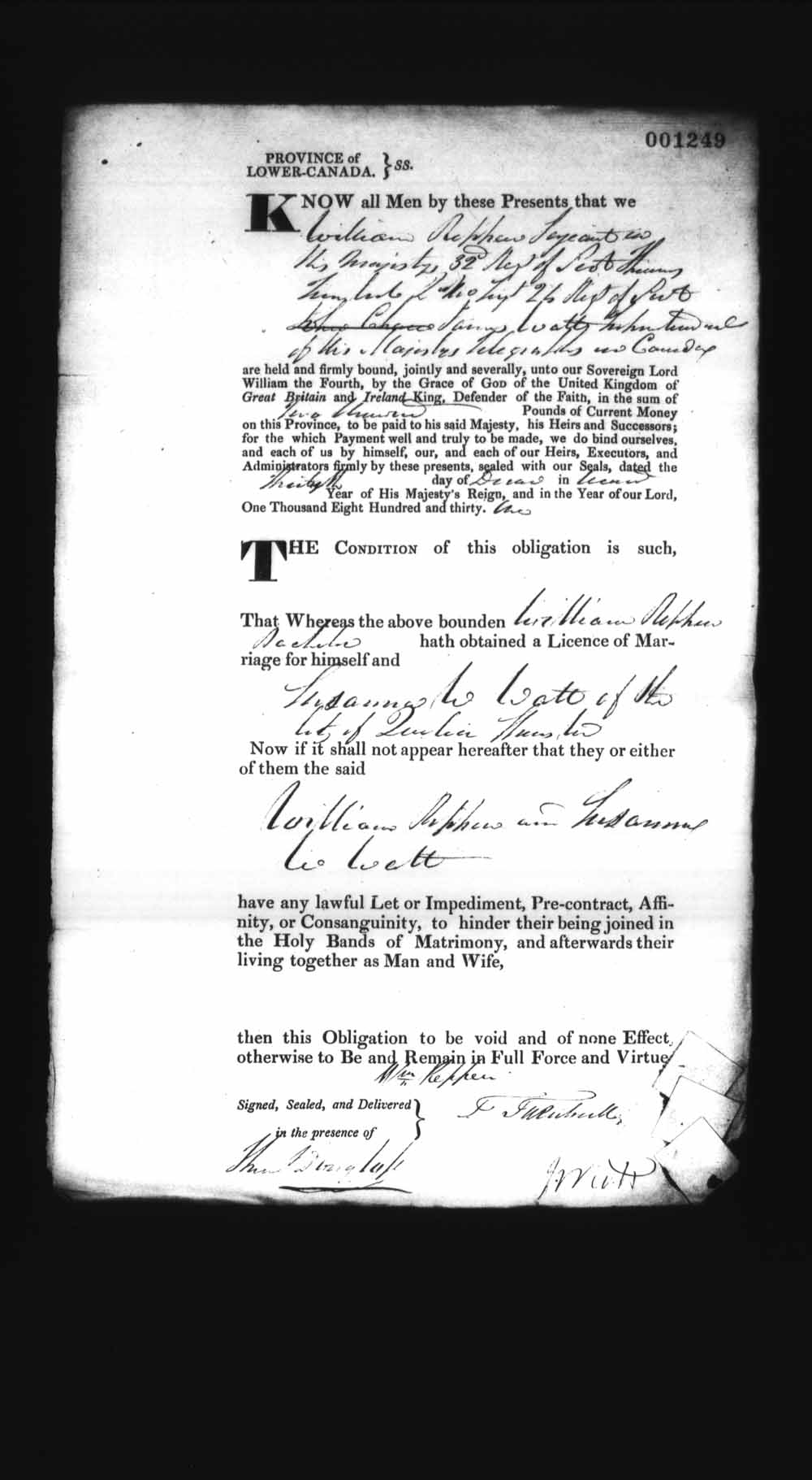 Digitized page of Upper and Lower Canada Marriage Bonds (1779-1865) for Image No.: e008237418