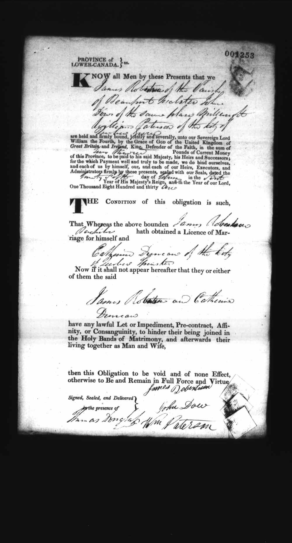 Page numérisé de Cautionnements de mariages pour le Haut-Canada et le Bas-Canada (1779-1865) pour l'image numéro: e008237423