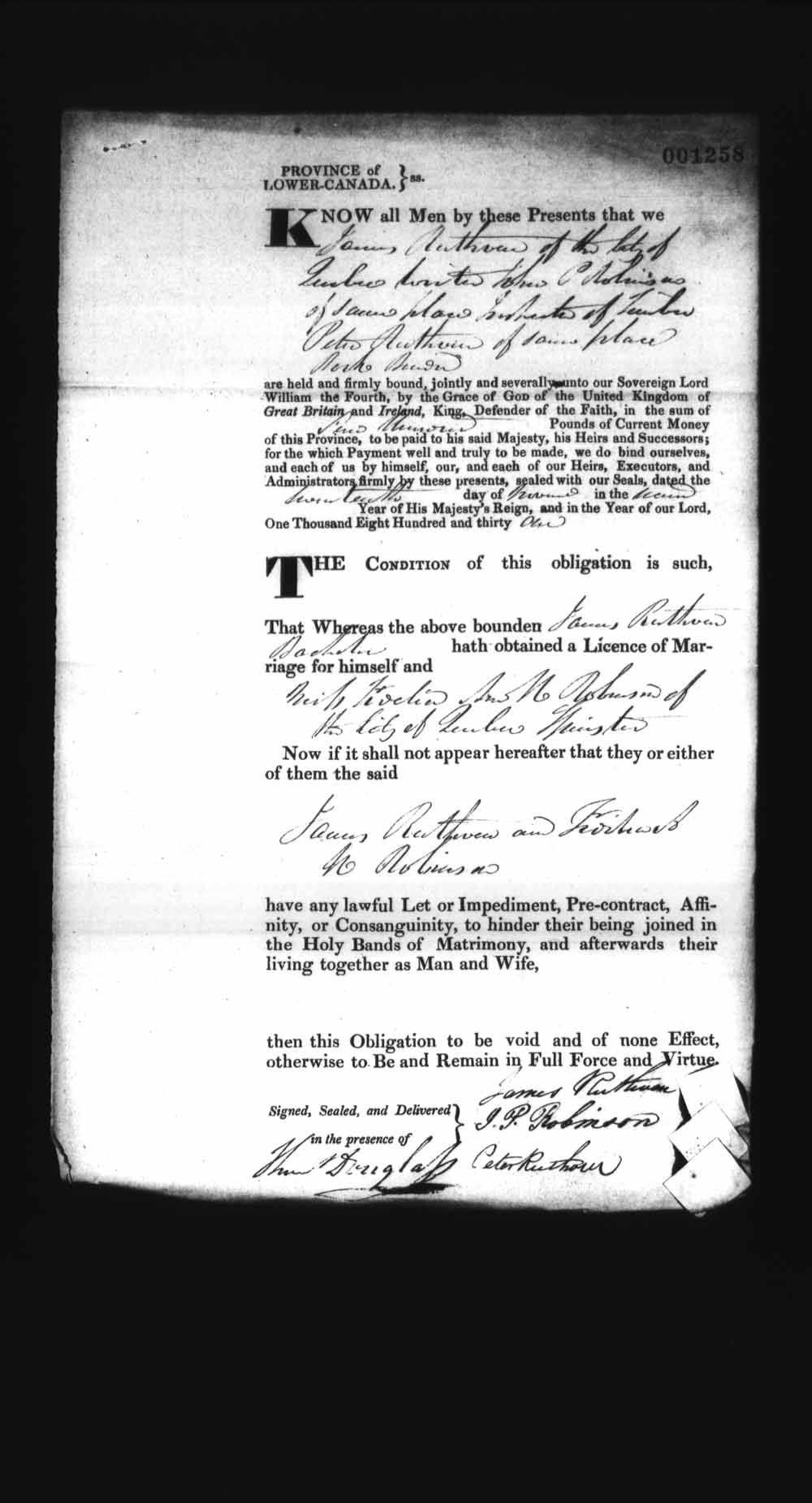 Digitized page of Upper and Lower Canada Marriage Bonds (1779-1865) for Image No.: e008237429