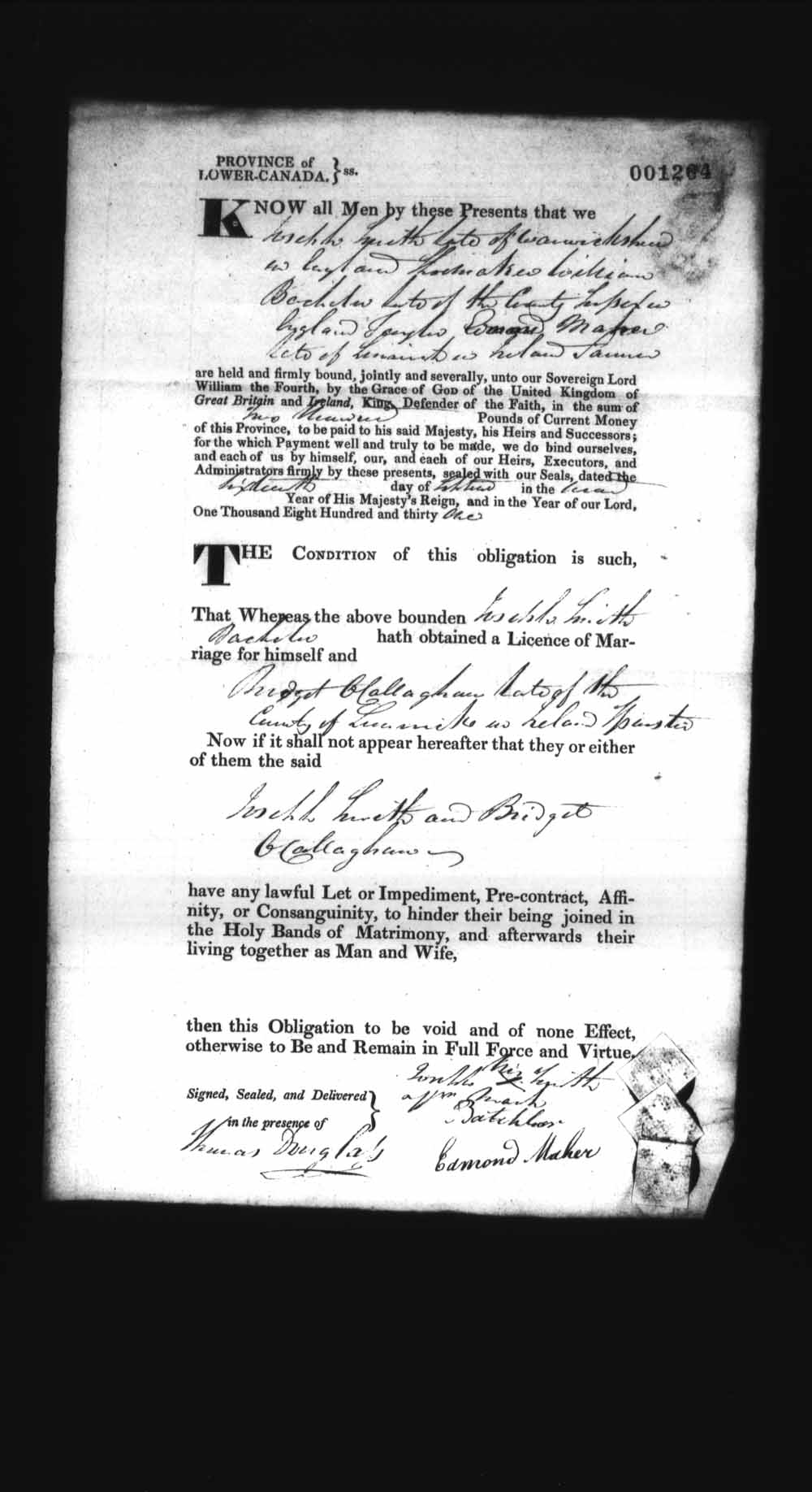 Digitized page of Upper and Lower Canada Marriage Bonds (1779-1865) for Image No.: e008237436