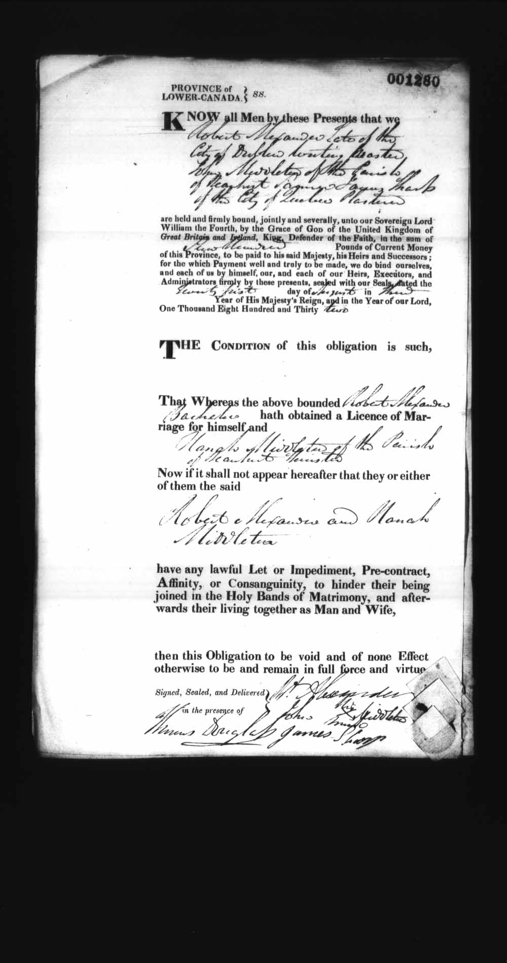 Page numérisé de Cautionnements de mariages pour le Haut-Canada et le Bas-Canada (1779-1865) pour l'image numéro: e008237456