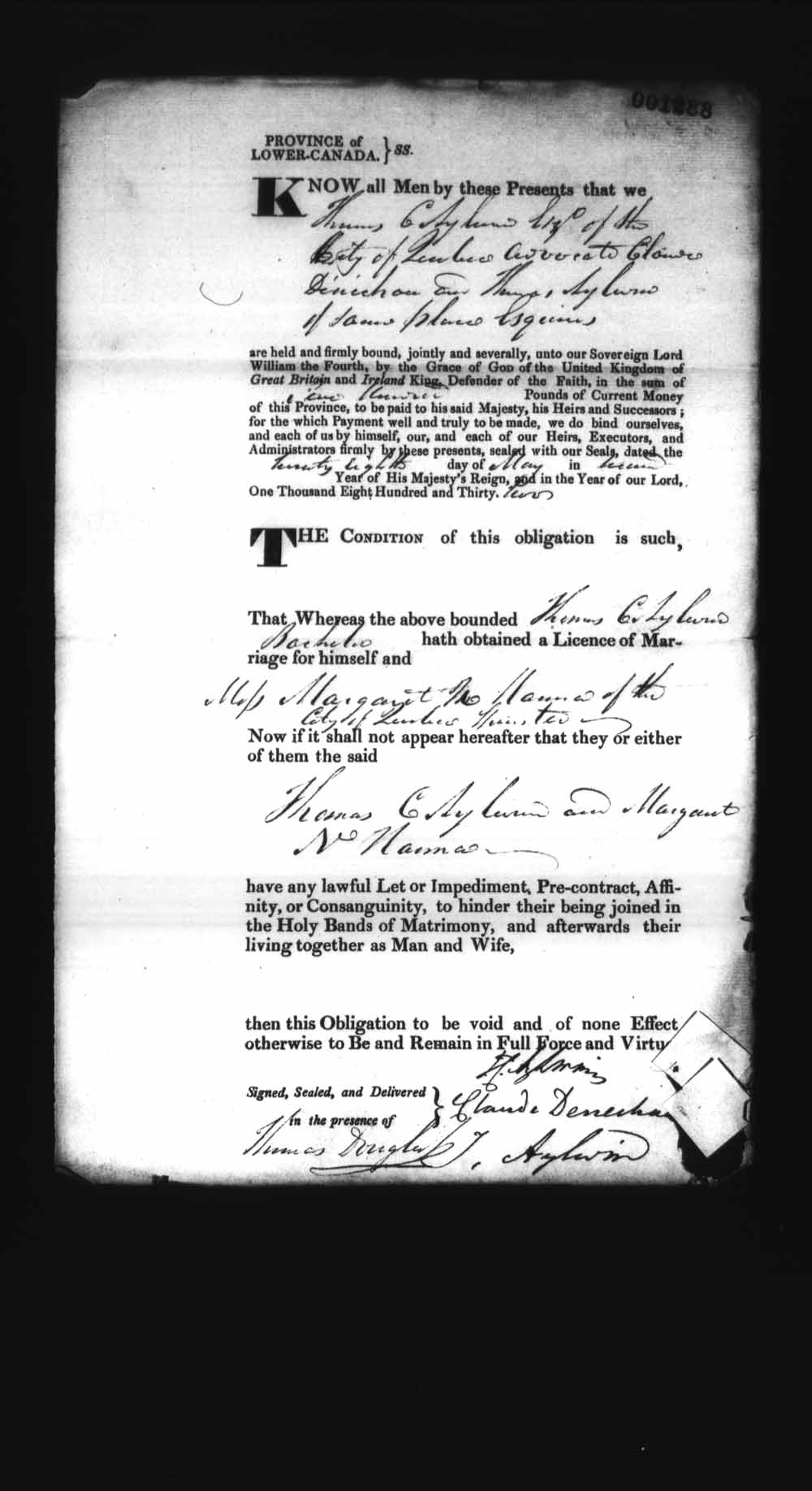 Digitized page of Upper and Lower Canada Marriage Bonds (1779-1865) for Image No.: e008237466
