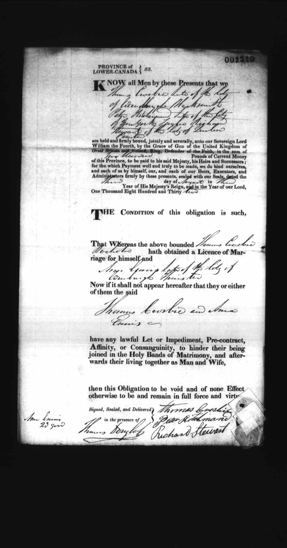 Digitized page of Upper and Lower Canada Marriage Bonds (1779-1865) for Image No.: e008237491