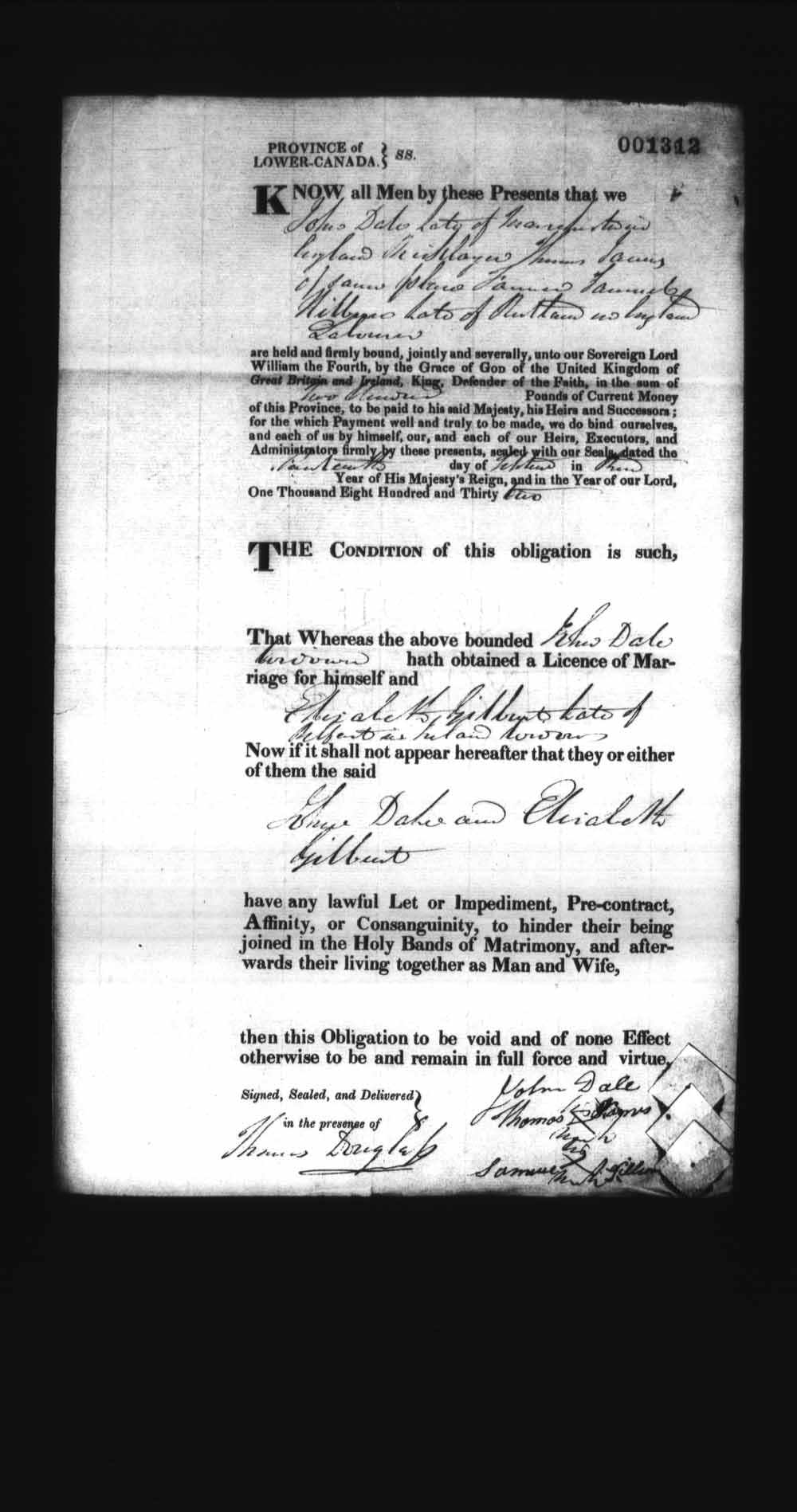 Digitized page of Upper and Lower Canada Marriage Bonds (1779-1865) for Image No.: e008237493