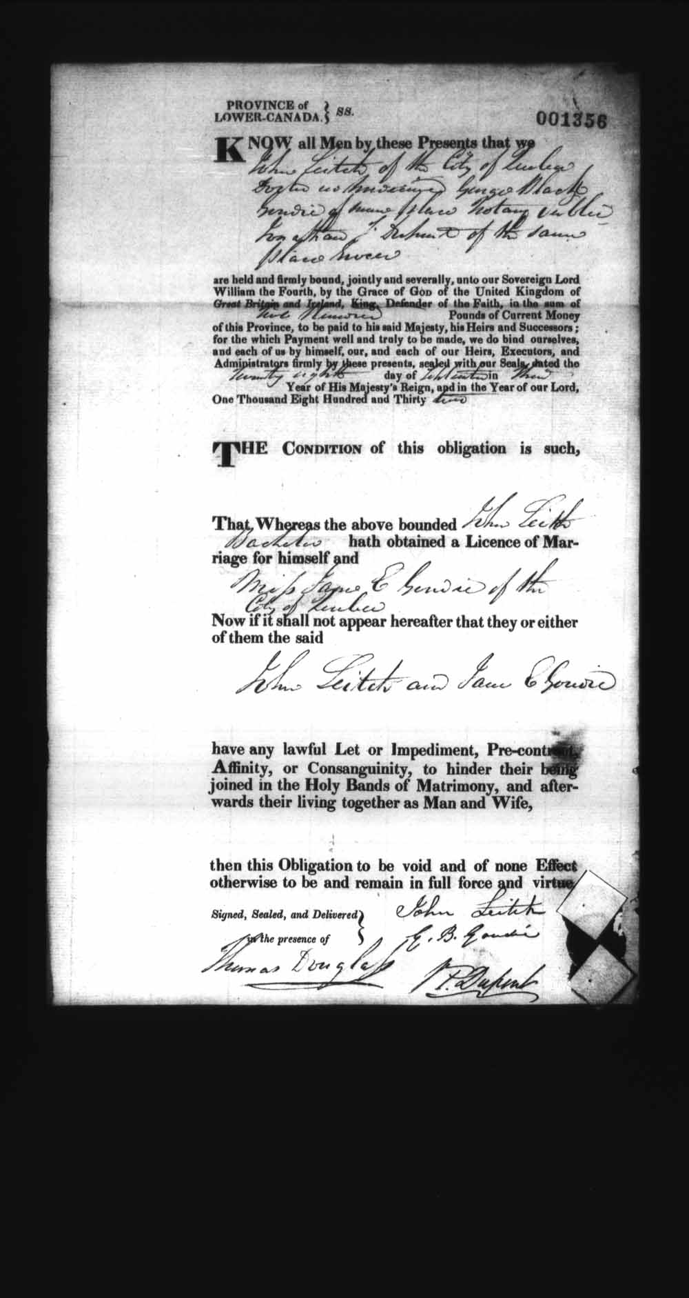Digitized page of Upper and Lower Canada Marriage Bonds (1779-1865) for Image No.: e008237543
