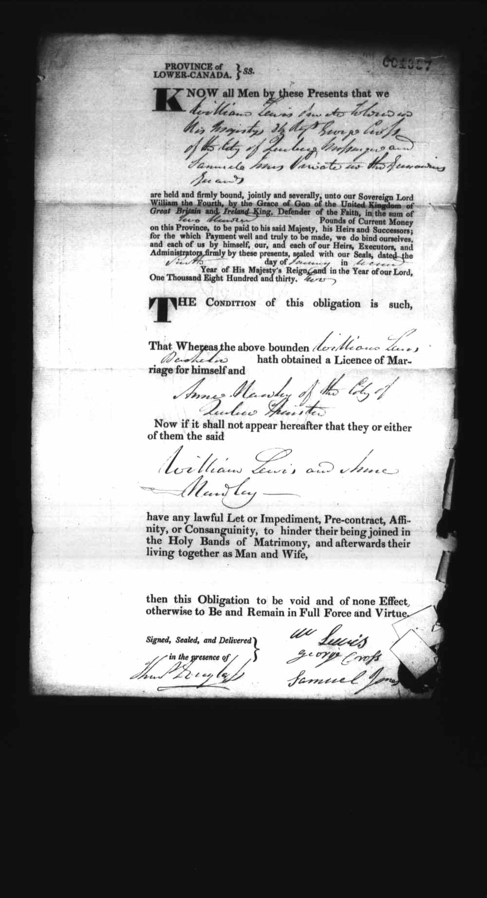 Page numérisé de Cautionnements de mariages pour le Haut-Canada et le Bas-Canada (1779-1865) pour l'image numéro: e008237544