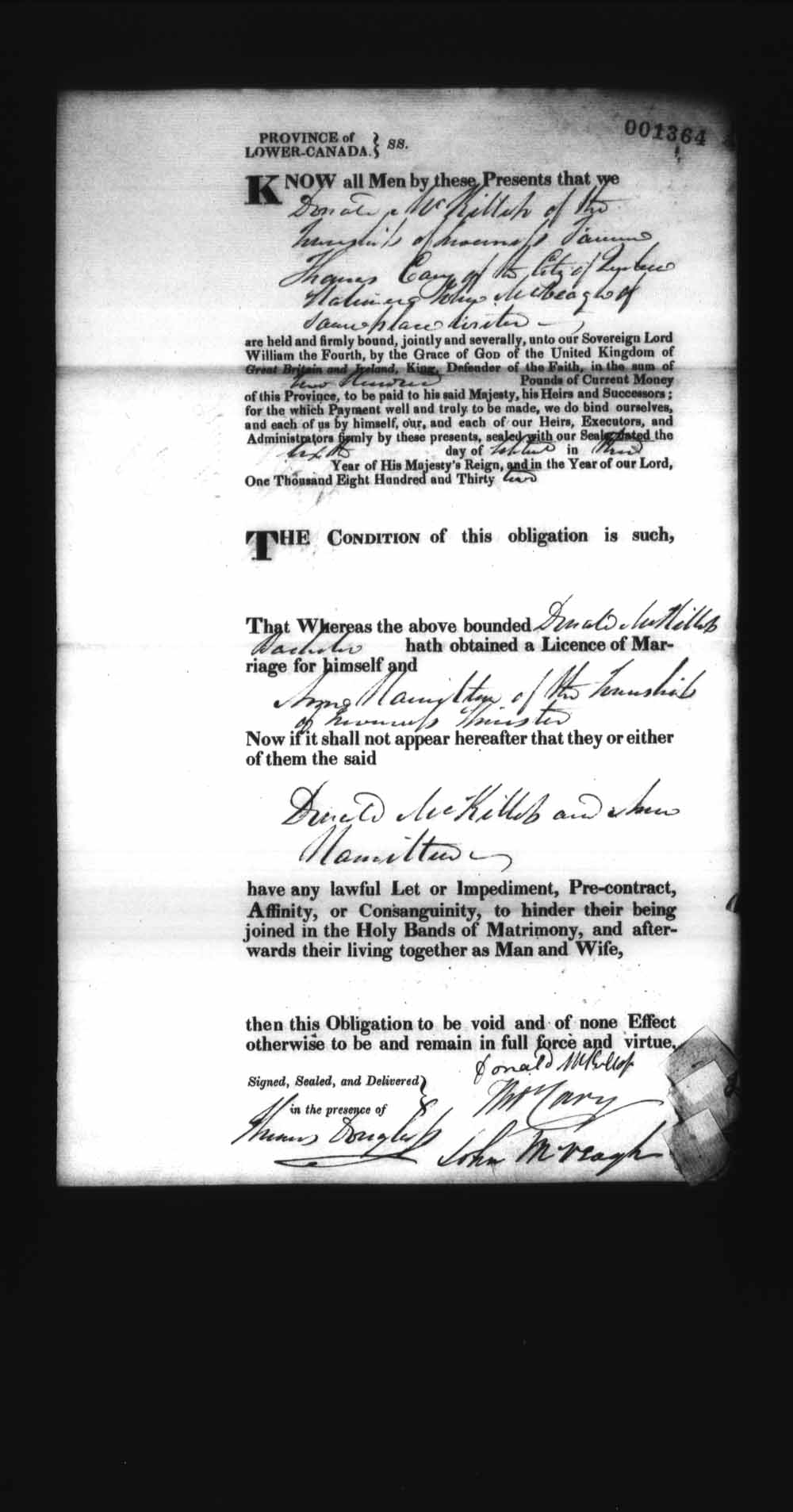 Digitized page of Upper and Lower Canada Marriage Bonds (1779-1865) for Image No.: e008237552