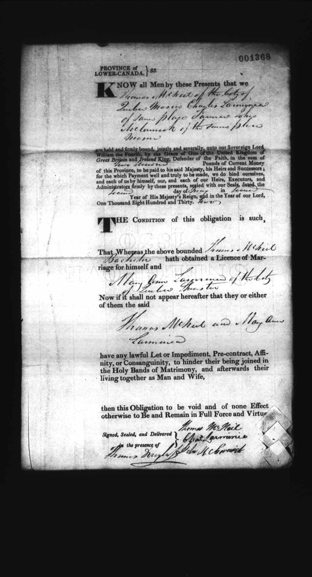 Digitized page of Upper and Lower Canada Marriage Bonds (1779-1865) for Image No.: e008237556