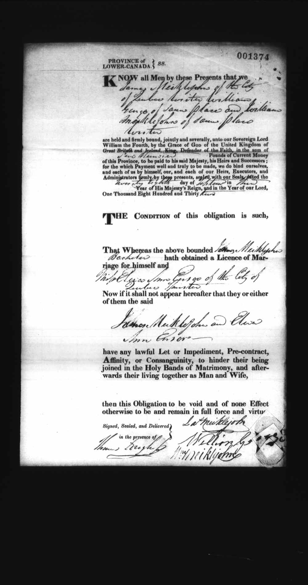 Page numérisé de Cautionnements de mariages pour le Haut-Canada et le Bas-Canada (1779-1865) pour l'image numéro: e008237563