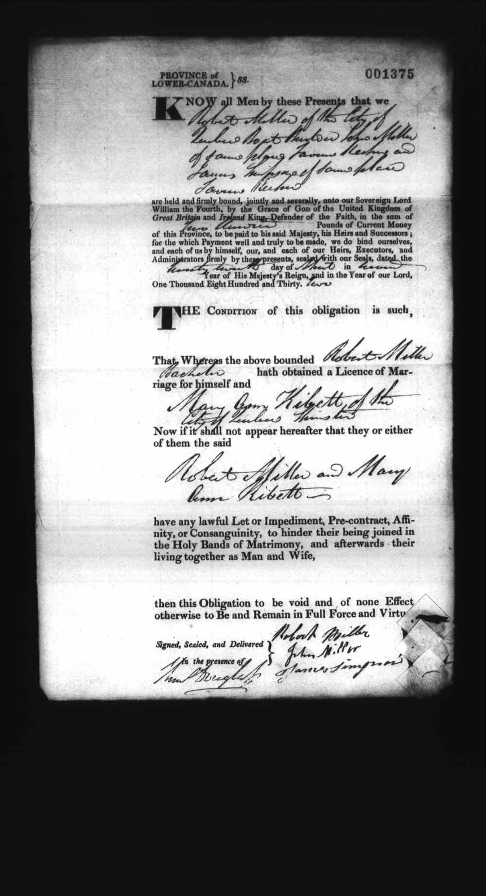 Digitized page of Upper and Lower Canada Marriage Bonds (1779-1865) for Image No.: e008237564
