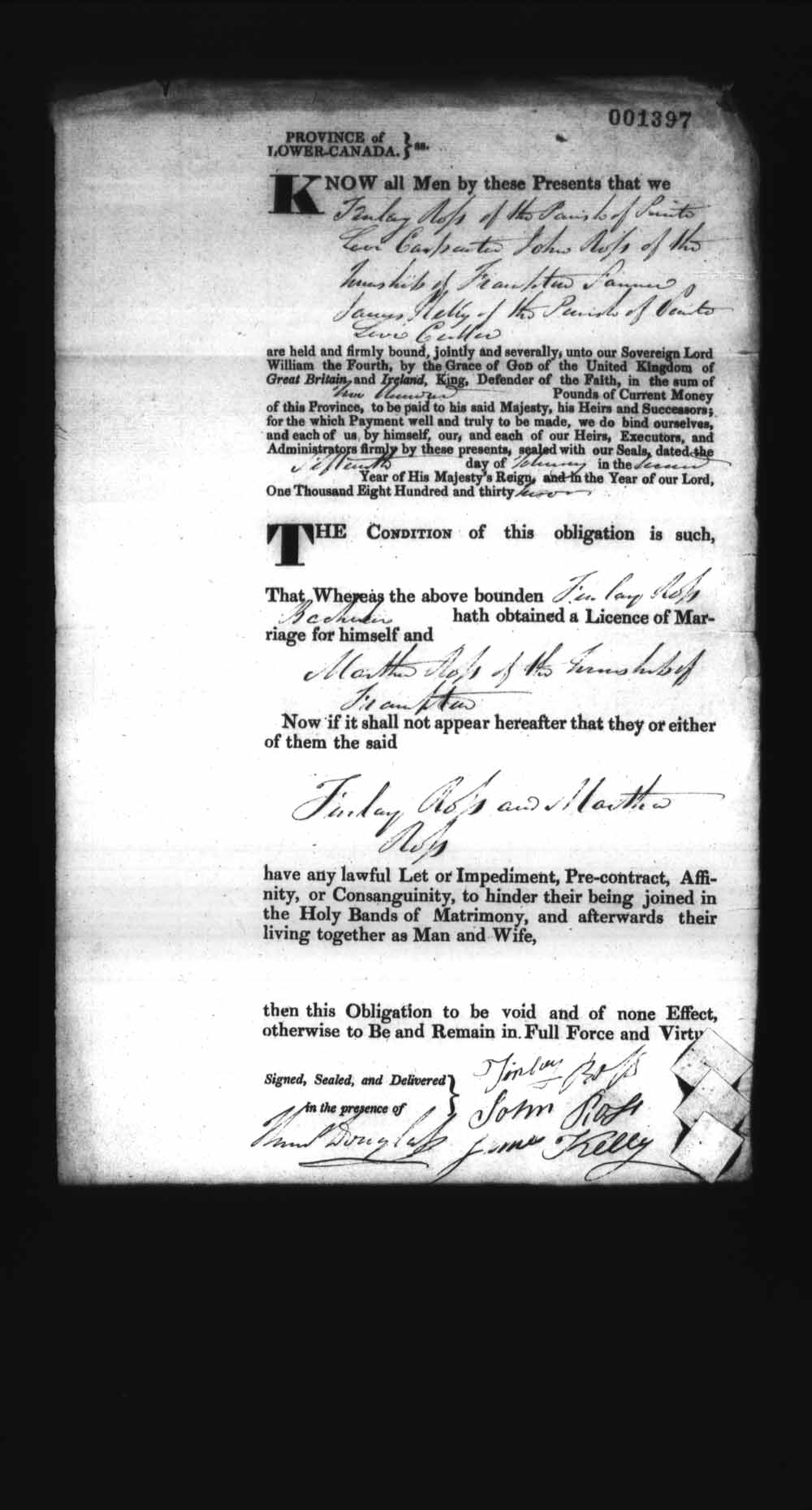 Digitized page of Upper and Lower Canada Marriage Bonds (1779-1865) for Image No.: e008237589