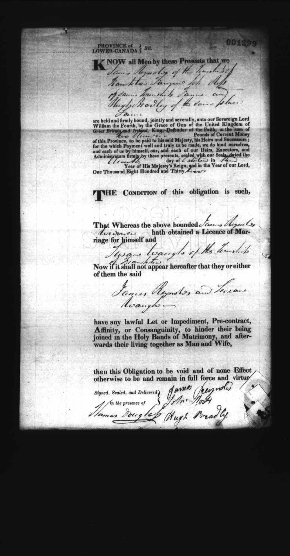 Digitized page of Upper and Lower Canada Marriage Bonds (1779-1865) for Image No.: e008237591