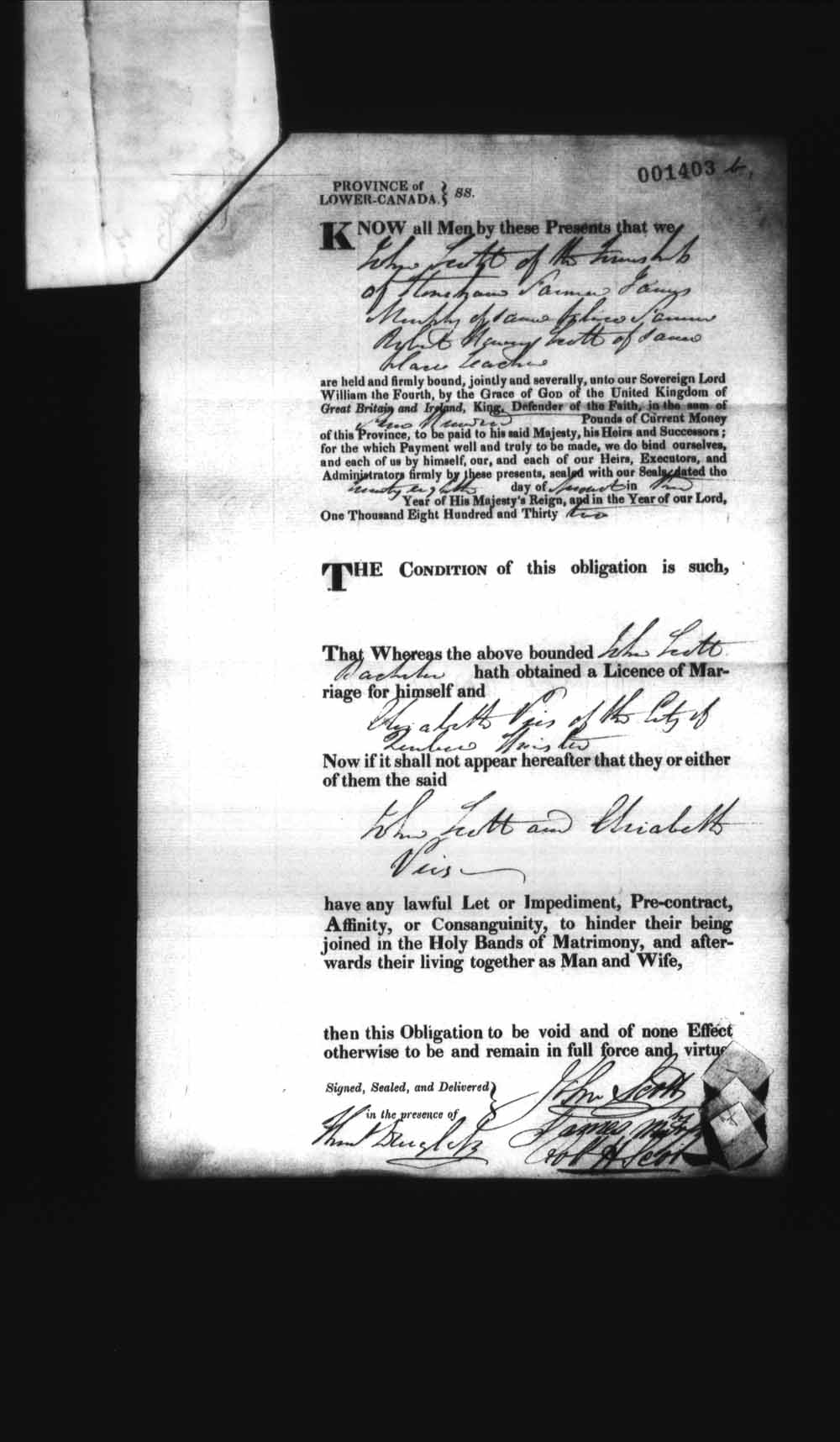 Digitized page of Upper and Lower Canada Marriage Bonds (1779-1865) for Image No.: e008237597