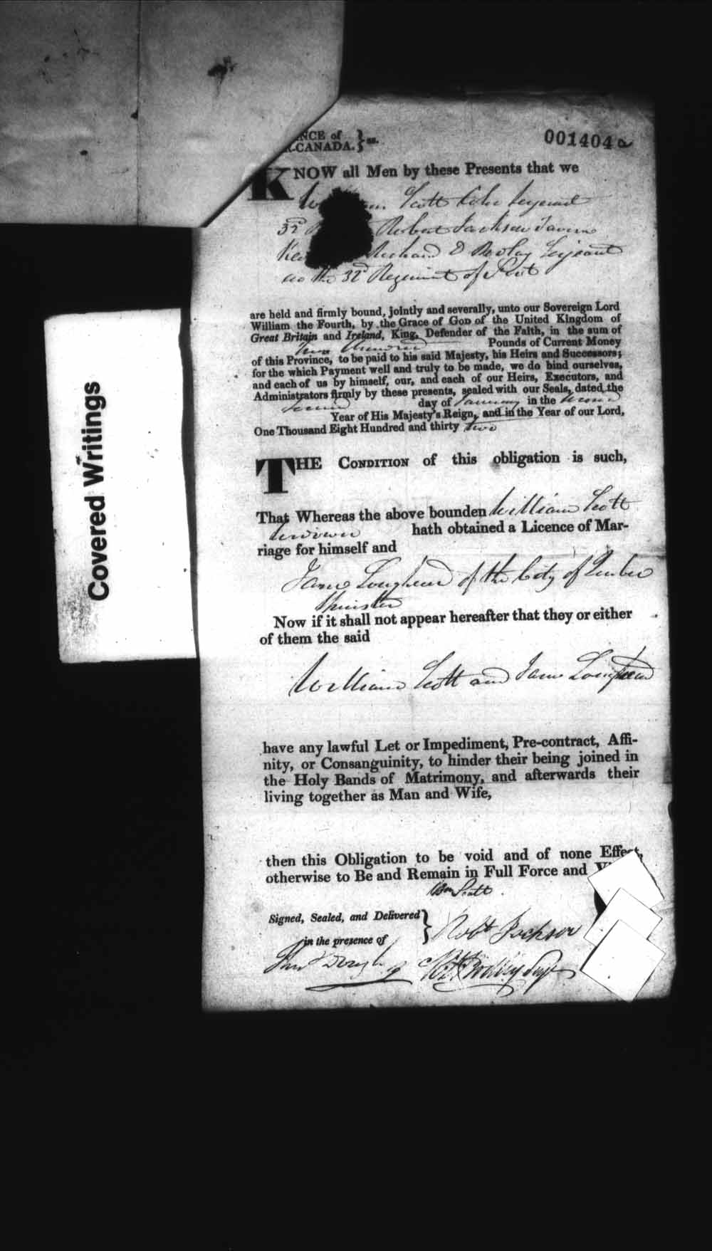 Digitized page of Upper and Lower Canada Marriage Bonds (1779-1865) for Image No.: e008237599